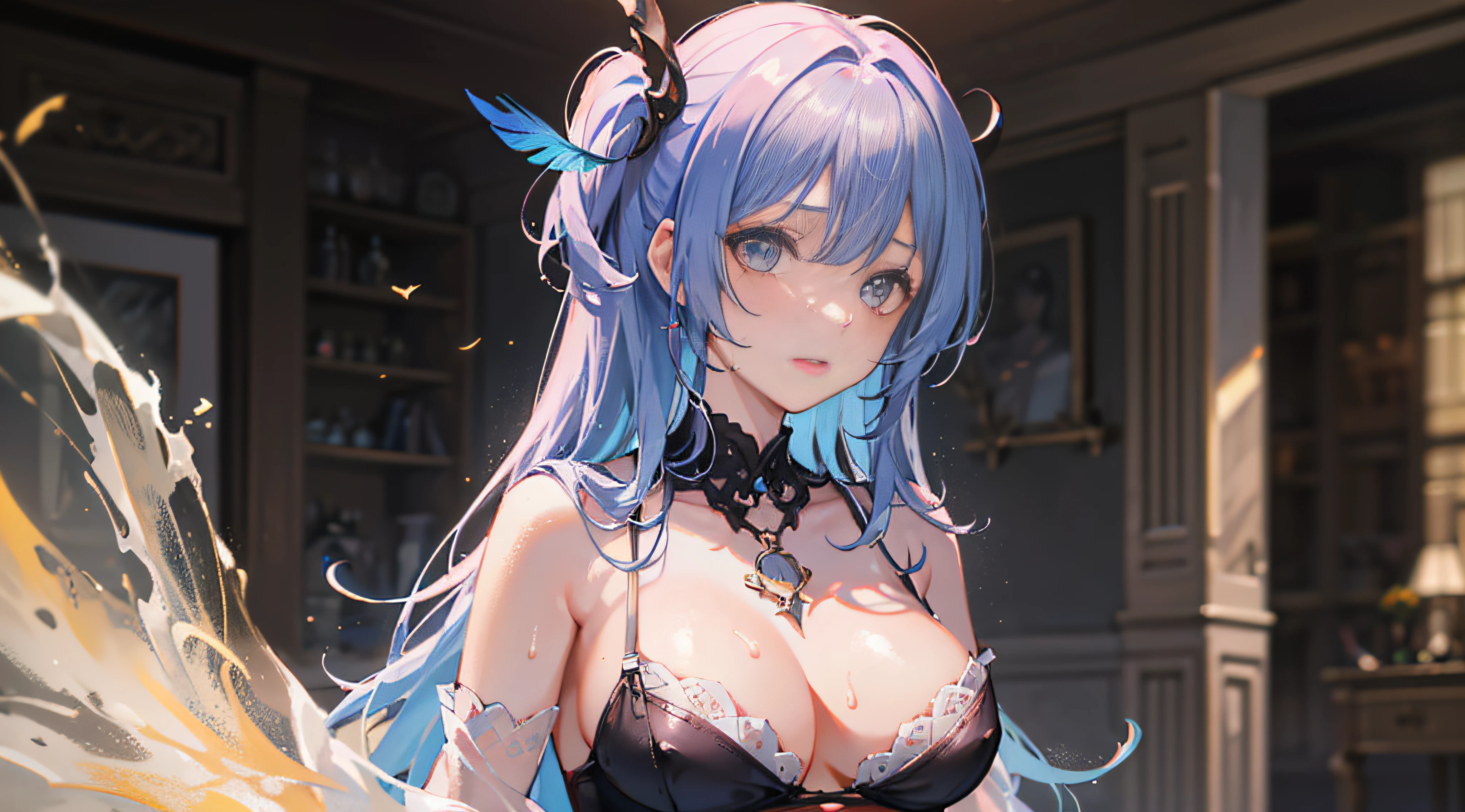 Charming married woman, Smooth skin, The skin has a pink glow, sensual lingerie, suspender stockings, A feather-like light gauze is draped over the body, sexy and provocative pose, busty figure, fleshy feeling, Sweat profusely, messy shortt hair, eye glass, Colored expressions, Revealing a heart-pounding blush, Hair gradients, High-resolution fine textures, Depth of field effect, Brilliant lighting effects, lightand shade contrast, Ray tracing and flare effects, Best texture, Genre painting