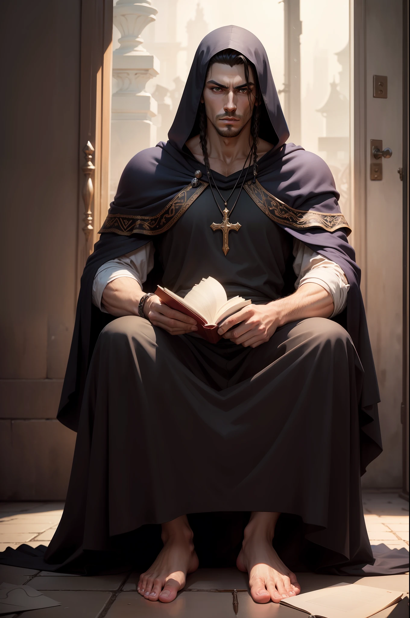 (Obra-prima: 1.2), melhor qualidade, manto de feiticeiro \(castlevania\), 1man, manto de feiticeiro, capuz, wizard robe, faixa na cintura, shaved head, homem de pele negra, black man, ombros nus, hands holding a book, sitting cross-legged on the ground, potrait