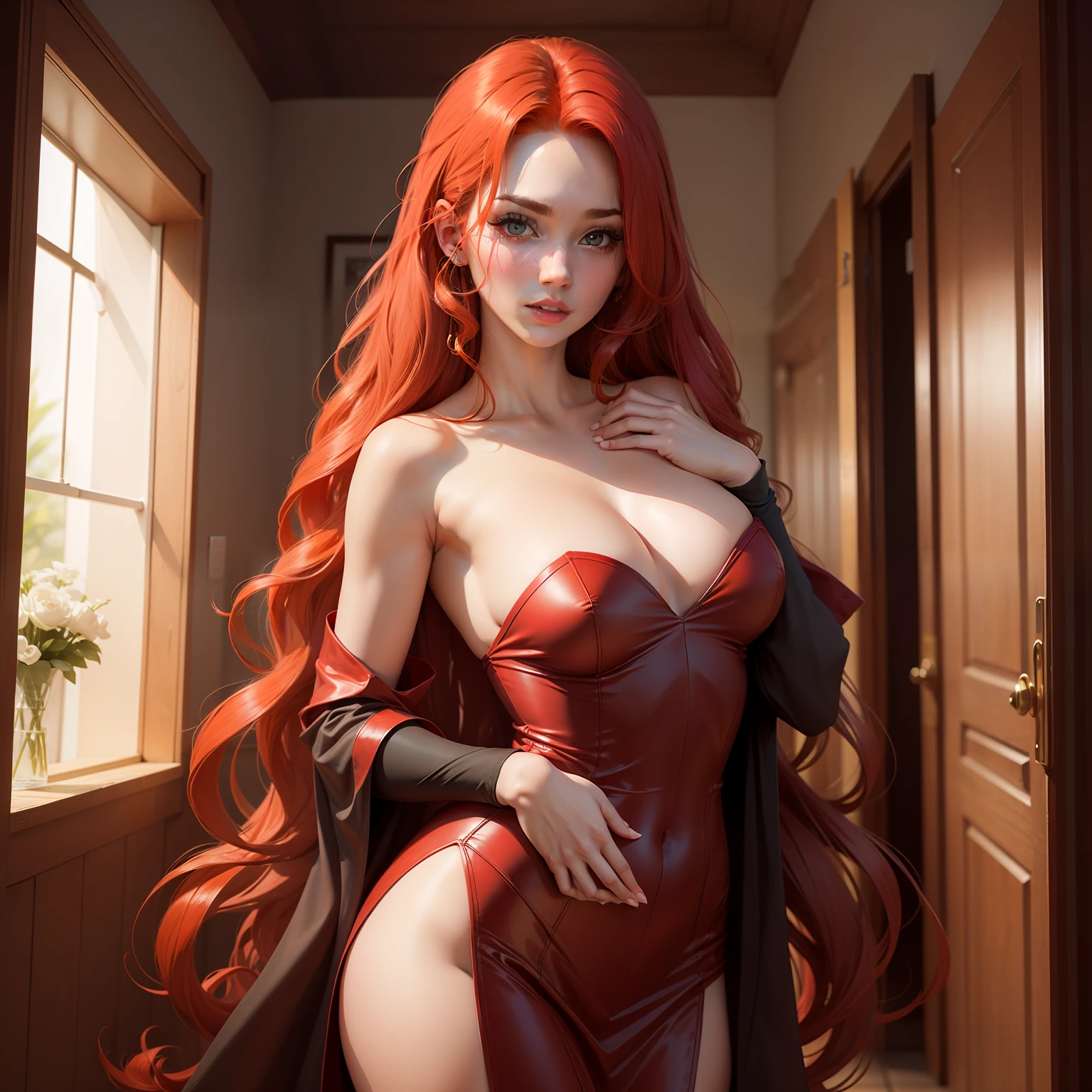 The upper body is unclothed, the hands cover the chest, the red hair is long, the hair is radiant, the eyes are large, cherry lips are 36d