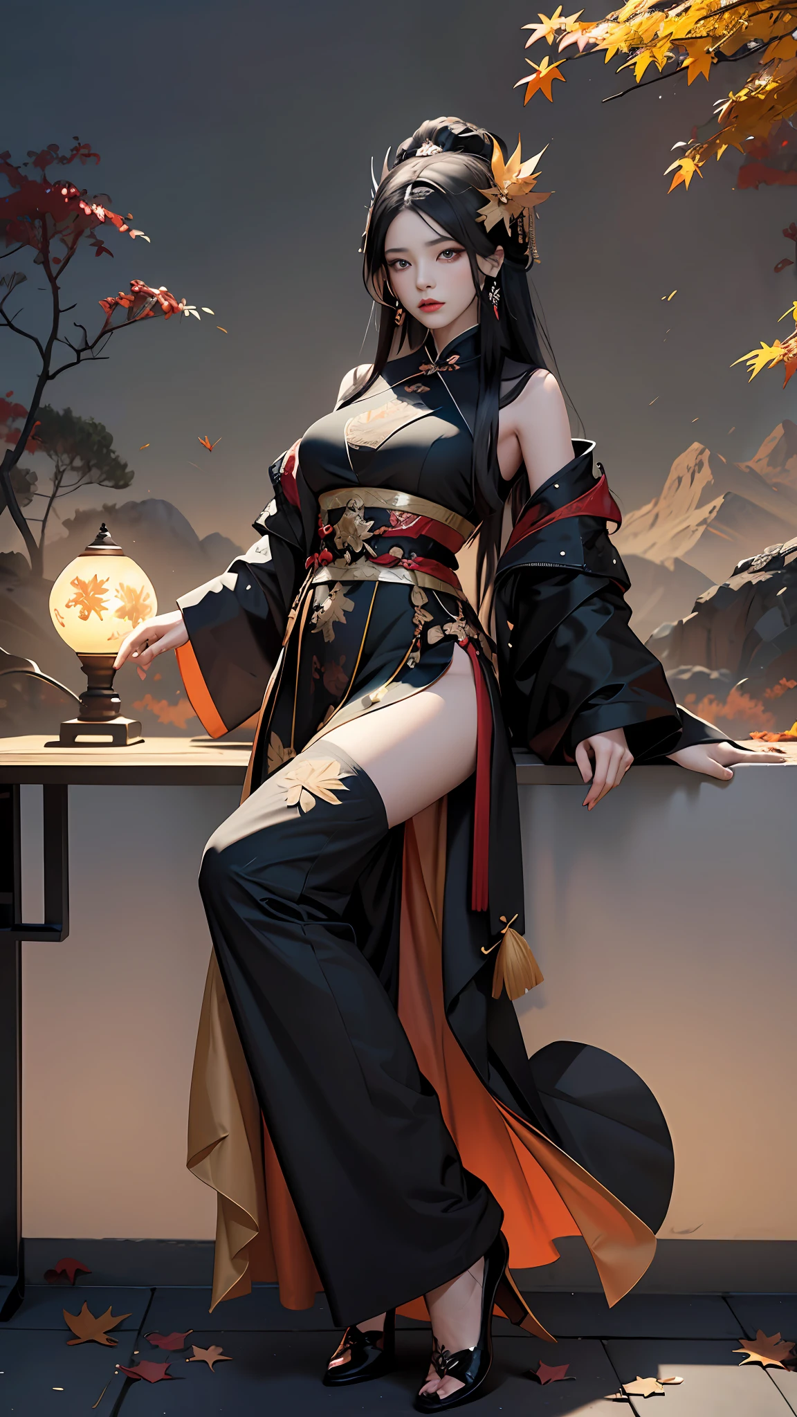 offcial art，Unity 8k壁纸，ultra - detailed，aestheticly pleasing，big breasts beautiful，tmasterpiece，best qualtiy， mistic， romanticism lain， An air of terror， Literary， Artistically， Fashionab， Tang Dynasty era， decor， iintricate， Embroidery，Tulle coat，1girll，Black color hair，Gorgeous hair accessories，Bust composition，Dramatic composition，电影灯光，dynamic viewing angle，Raised sexy，full of seduction，Maple Grove，Maple leaves fall，The clouds are thick，Dramatic composition，，Full body like，long leges，adolable，youthfulness