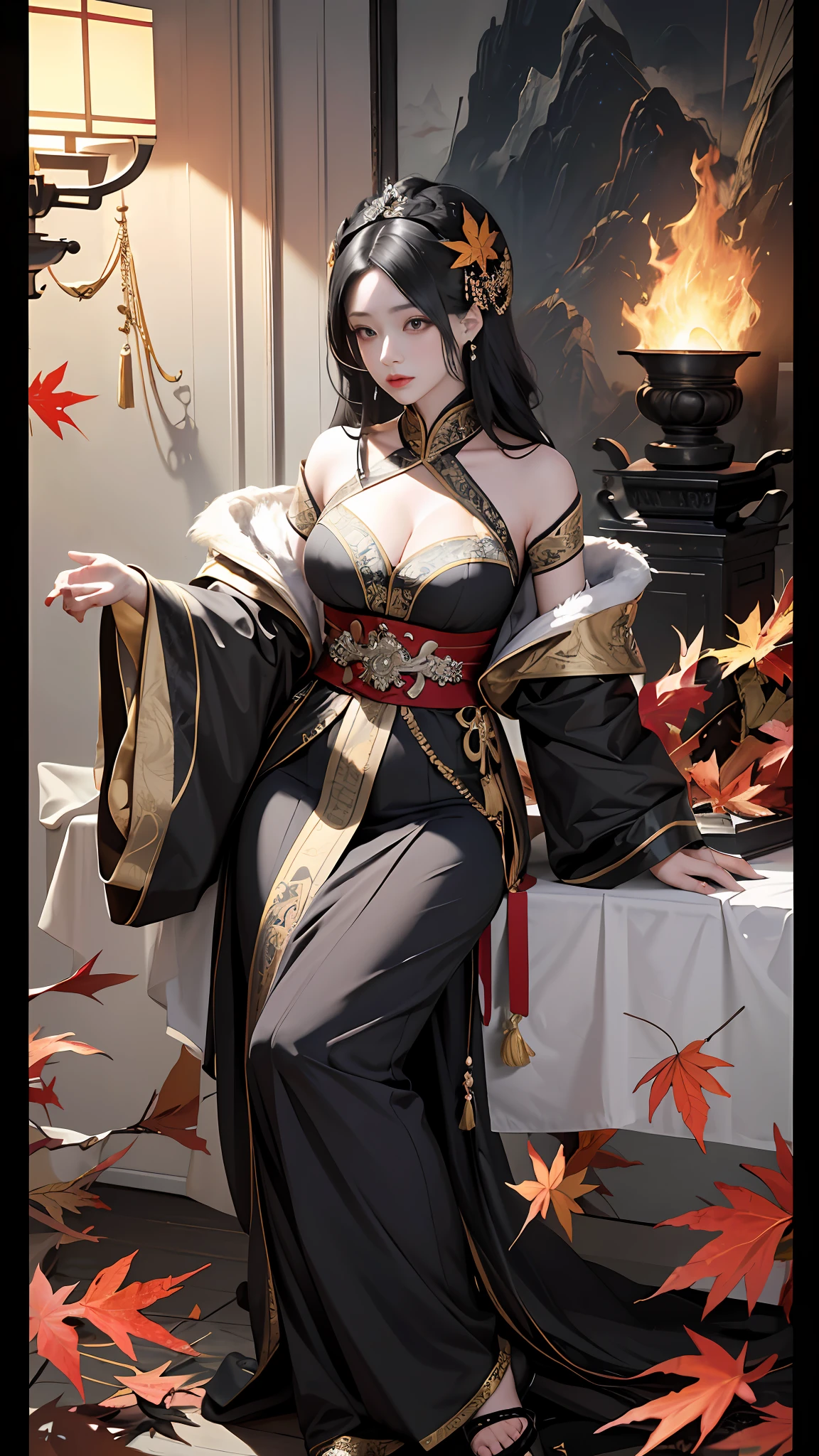 offcial art,Unity 8k壁纸,ultra - detailed,aestheticly pleasing,big breasts beautiful,tmasterpiece,best qualtiy, mistic, romanticism lain, An air of terror, Literary, Artistically, Fashionab, Tang Dynasty era, decor, iintricate, Embroidery,Tulle coat,1girll,Black color hair,Gorgeous hair accessories,Bust composition,Dramatic composition,电影灯光,dynamic viewing angle,Raised sexy,full of seduction,Maple Grove,Maple leaves fall,The clouds are thick,Dramatic composition,,Full body like,long leges,adolable,youthfulness