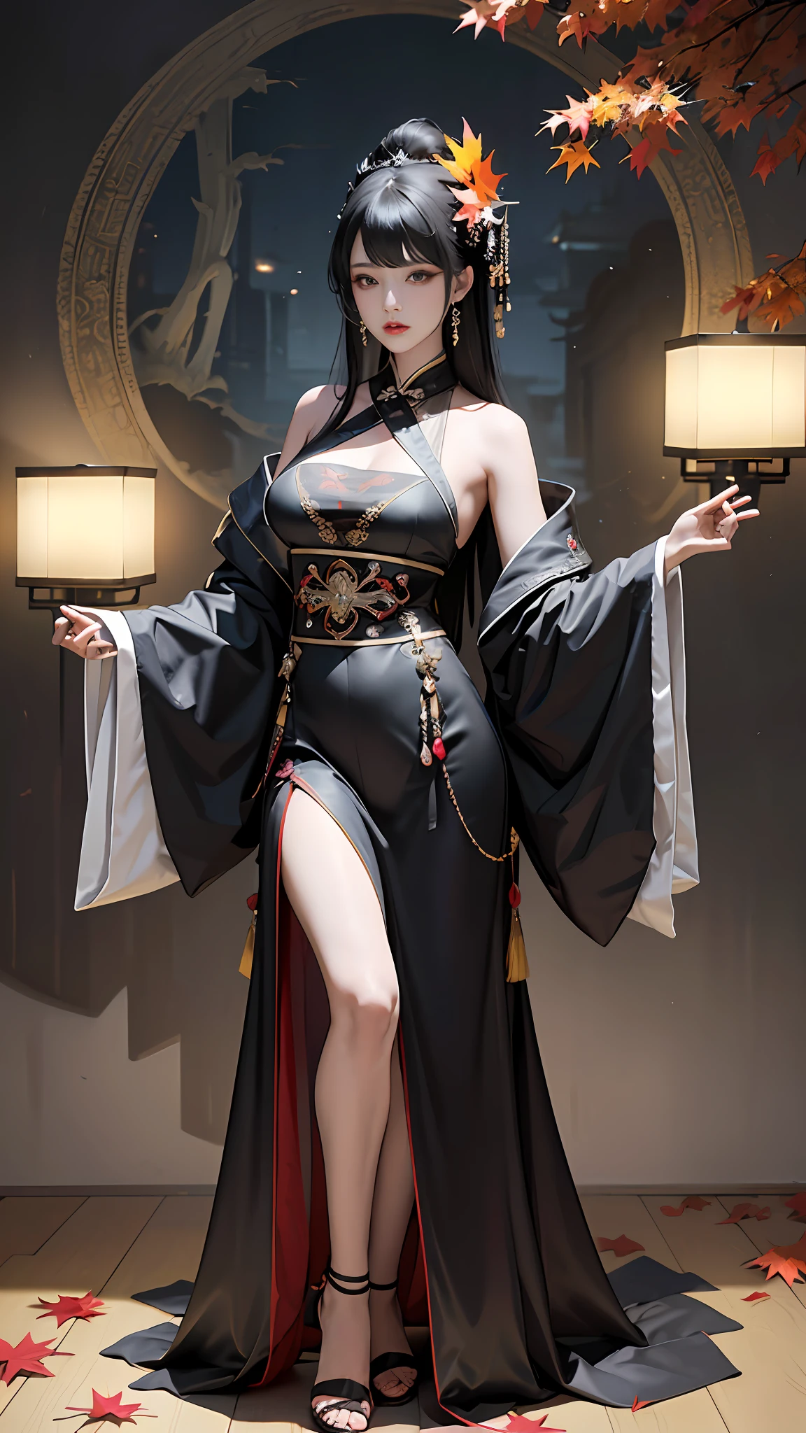 offcial art，Unity 8k壁纸，ultra - detailed，aestheticly pleasing，big breasts beautiful，tmasterpiece，best qualtiy， mistic， romanticism lain， An air of terror， Literary， Artistically， Fashionab， Tang Dynasty era， decor， iintricate， Embroidery，Tulle coat，1girll，Black color hair，Gorgeous hair accessories，Bust composition，Dramatic composition，电影灯光，dynamic viewing angle，Raised sexy，full of seduction，Maple Grove，Maple leaves fall，The clouds are thick，Dramatic composition，，Full body like，long leges，adolable，youthfulness