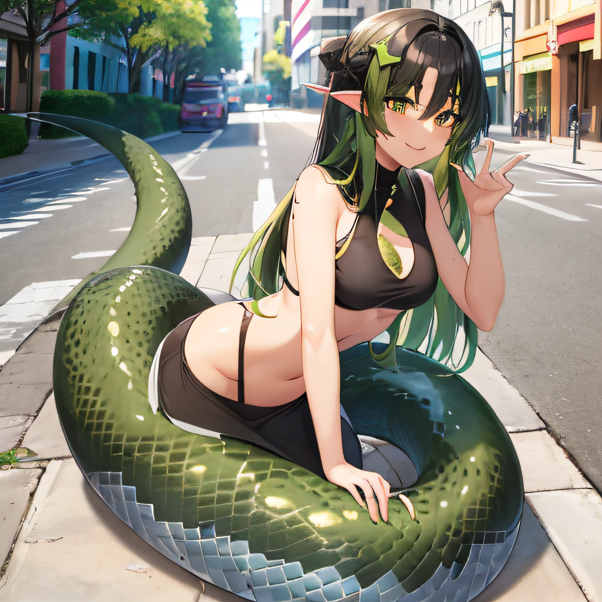 full body, beautiful, (masterpiece:1.2), (best quality:1.2), perfect eyes, perfect face, smiling, perfect lighting,lamia, 1girl,  black hair, brown eyes, ((green scales)), ((long hair, straight hair)), tanned skin,medium breasts,street, sliding down a street, urban clothing, modern clothing standing,