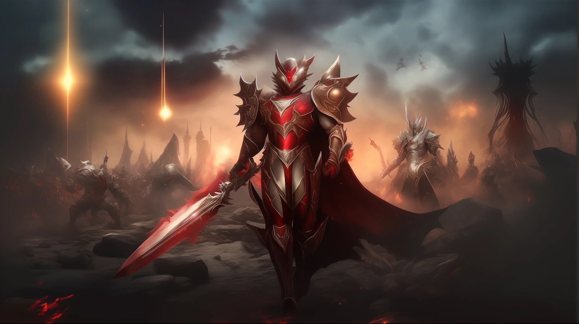 a group of people in armor standing in a field of fire, Jogo CG, cavaleiro de sangue, Estilo Lineage 2 Revolution, da linhagem 2, unreal motor render saint seiya, amazing mmorpg, por Yang J, Miserable and corrupted knights, 2. 5 d cgi anime fantasia arte, epic fantasy game art, armadura vermelha de sangue, MMORPG Fantasia, Dragon Knight
