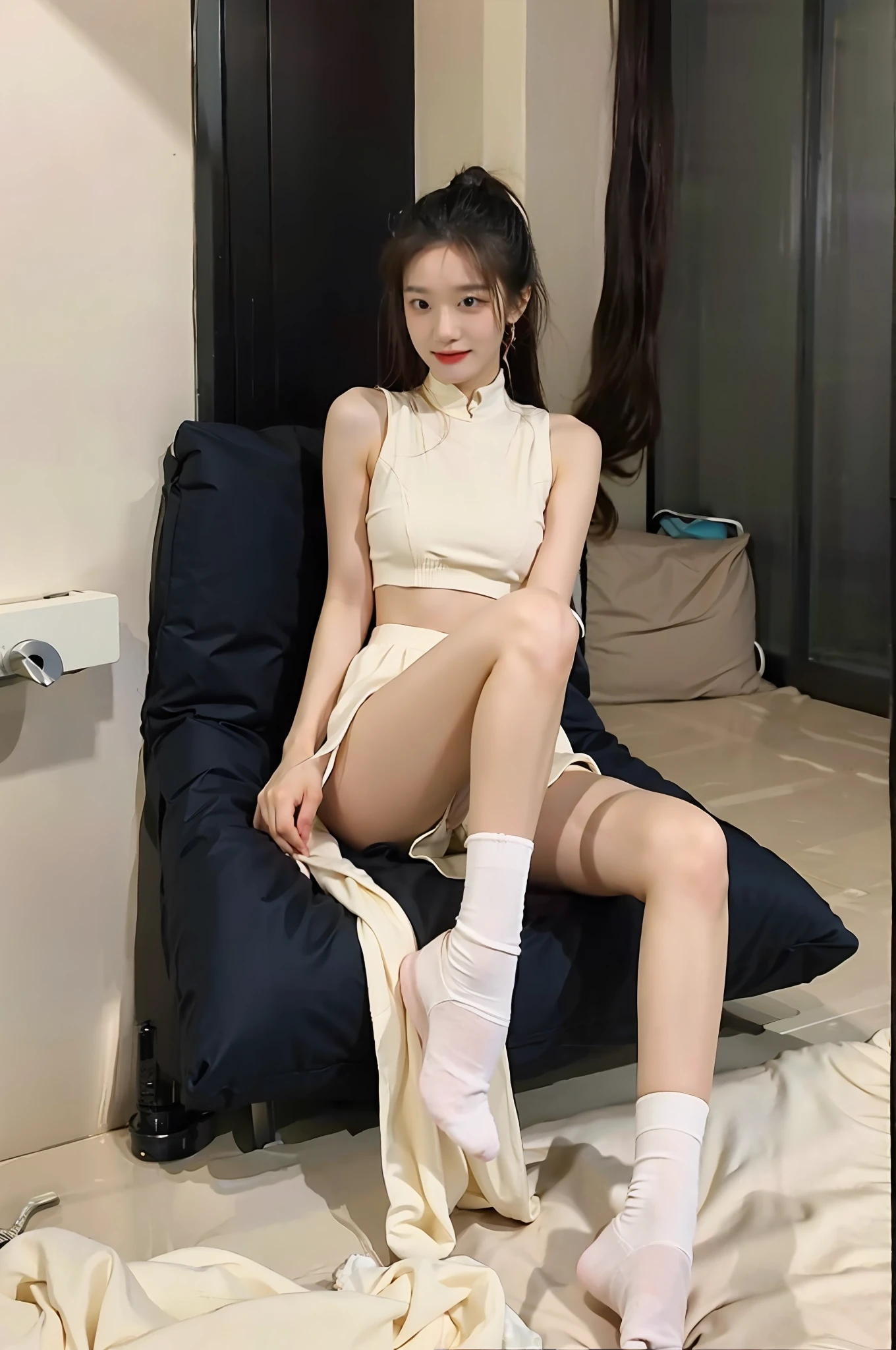 looks into camera，Pupil correction，Best quality at best，tmasterpiece，超高分辨率，（realisticlying：1.4），teens girl，Juvenile，Wear socks，High ponytail