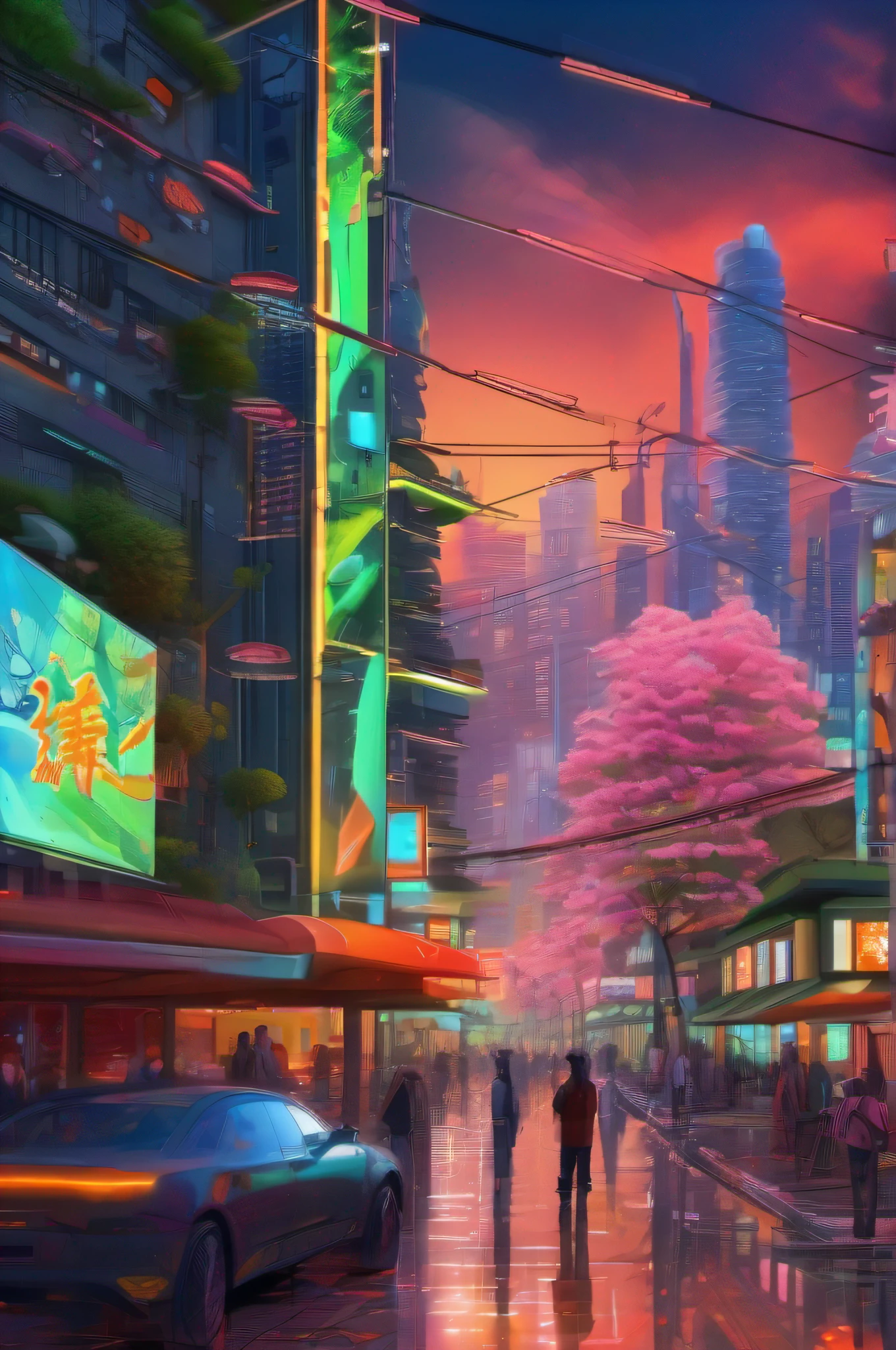 A floating cyberpunk city, (Action) standing tall, (Context) mixed with a Cherry Palm Blossom Tree, (Environment) in the middle of the city, (Lighting) illuminated with neon lights, (Artist) inspired by Hokusai, (Style) with a touch of graffiti, (Medium) created through digital painting, (Type) portraying a futuristic landscape, (Color Scheme) featuring vibrant greens, oranges, and reds, (Computer Graphics) incorporating advanced 3D rendering, (Quality) in ultra-high definition (8K), (Emotions) conveying a sense of energy and excitement.
A floating cyberpunk city stands tall, mixed with a Cherry Palm Blossom Tree in the middle of the city. The scene is illuminated with vibrant neon lights, showcasing a futuristic landscape inspired by Hokusai with a touch of graffiti art. The digital painting presents an ultra-high-definition (8K) depiction, featuring vibrant greens, oranges, and reds that evoke a sense of energy and excitement.