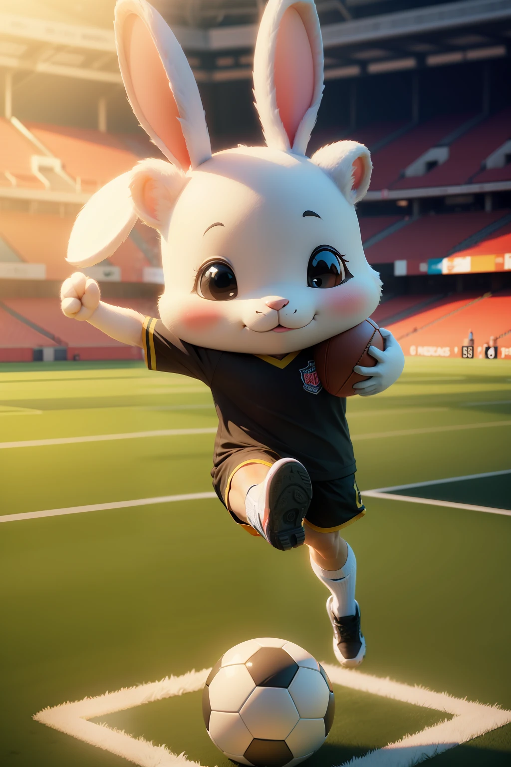 A cute 3D cartoon rabbit with a big head playing soccer on a football field