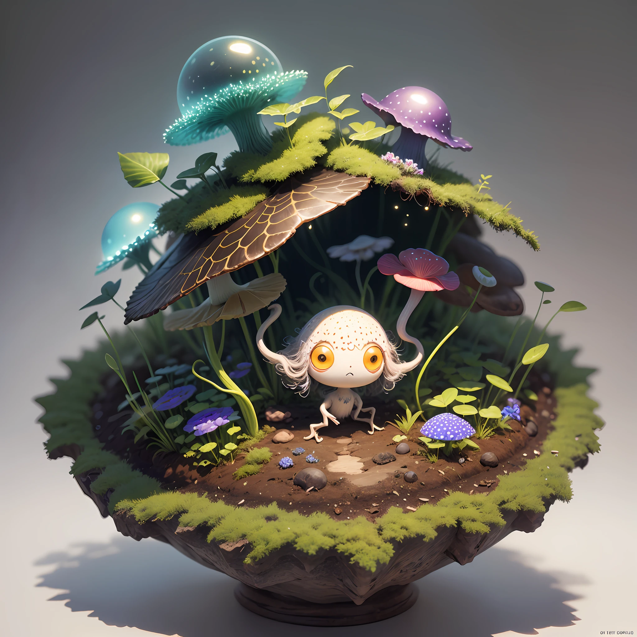 Generate images of creatures with humanoid body structures, But mainly composed of fungal elements. Its head resembles a big head, Dome-shaped crystal spring flower mushroom cap, fanciful, Colorful, Decorated with a luminous speckled pattern. Its arms are long, Flexible tendrils sprout from the shoulders, Able to be as vertical as a human hand. And not legs, It has a single, Thick, The stem is rooted in the ground. Its face is a small cluster, Bioluminescent spheres embedded in the bottom of the lid, Arranged in a way reminiscent of human facial features. photo-realism, ultra - detailed, 4K, A high resolution