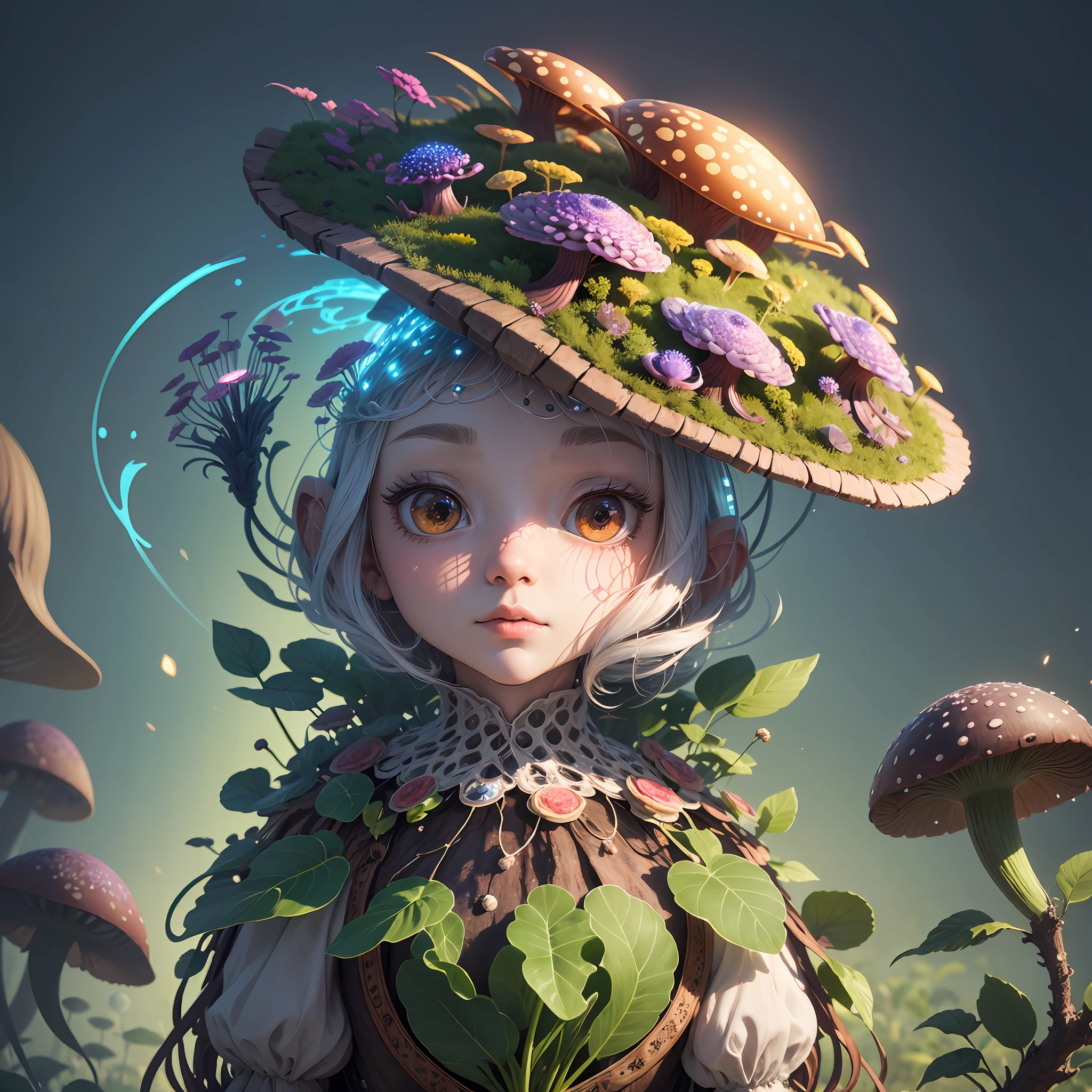 Generate images of creatures with humanoid body structures, But mainly composed of fungal elements. Its head resembles a big head, Dome-shaped crystal spring flower mushroom cap, fanciful, Colorful, Decorated with a luminous speckled pattern. Its arms are long, Flexible tendrils sprout from the shoulders, Able to be as vertical as a human hand. And not legs, It has a single, Thick, The stem is rooted in the ground. Its face is a small cluster, Bioluminescent spheres embedded in the bottom of the lid, Arranged in a way reminiscent of human facial features. photo-realism, ultra - detailed, 4K, A high resolution