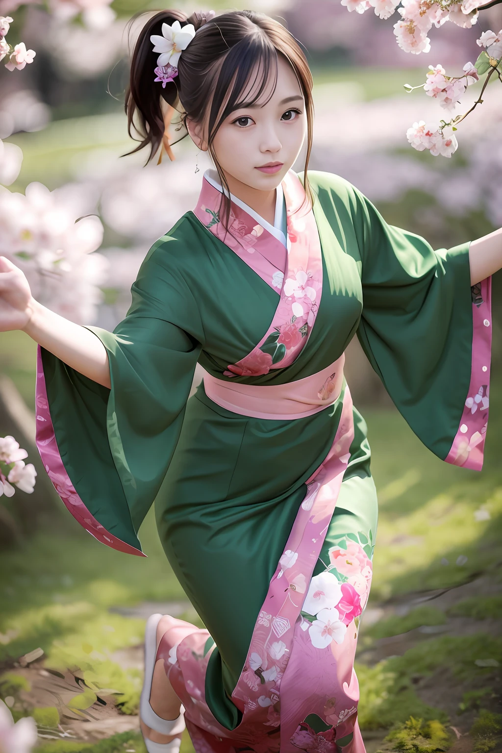 Looking at the camera in front,Add a motion blur effect to simulate motion,hight resolution,Girls Elegant Kimono,Floral kimono on shiny green fabric,Ponytail,Brown Shorthair,flying hair,extremely delicate and beautiful face,Cherry Blossom Hair Ornament,Dance a fierce Japan dance outdoors in the moonlight,Under the cherry blossoms with fluttering petals,Spread your arms、Place one hand in front of you,Beautiful hands,Beautiful Finger,Full body shot,