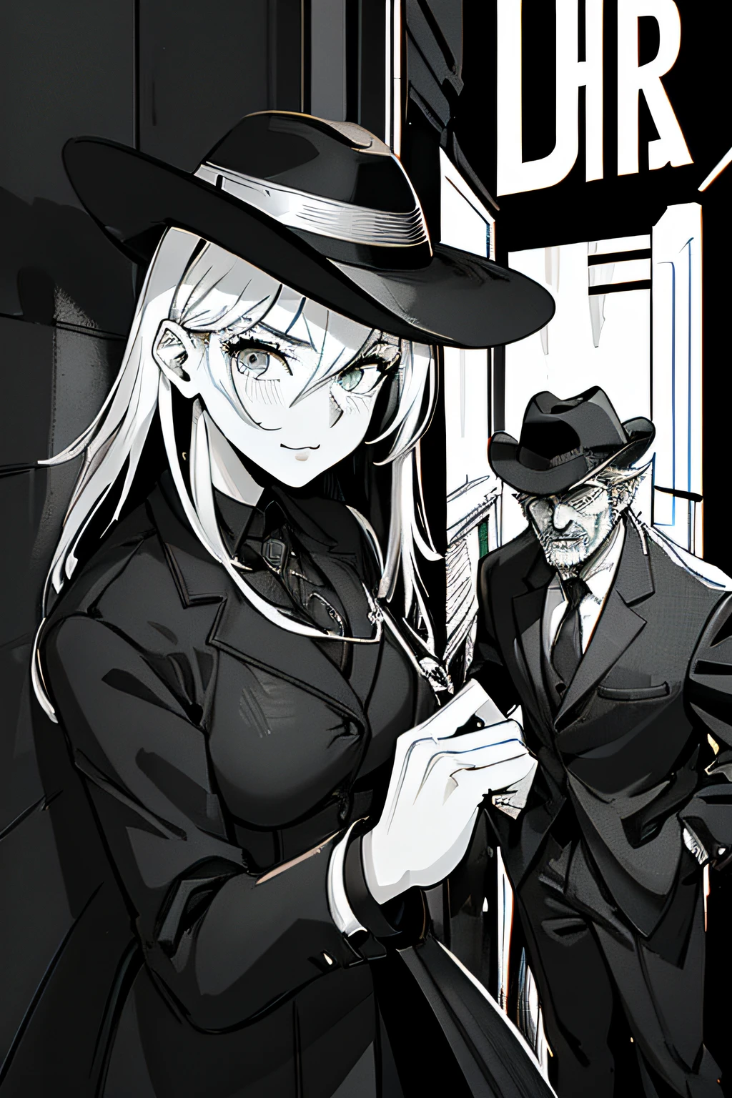 Anime - style illustration of a woman in a hat and a man in a suit, noir detective and a fedora, Detective Suit, anya from spy x family, marisa kirisame, zerochan art, detective, noir detective, kirisame marisa, digital art from danganronpa, from cryptid academia, by Kamagurka, high quality fan art, zerochan