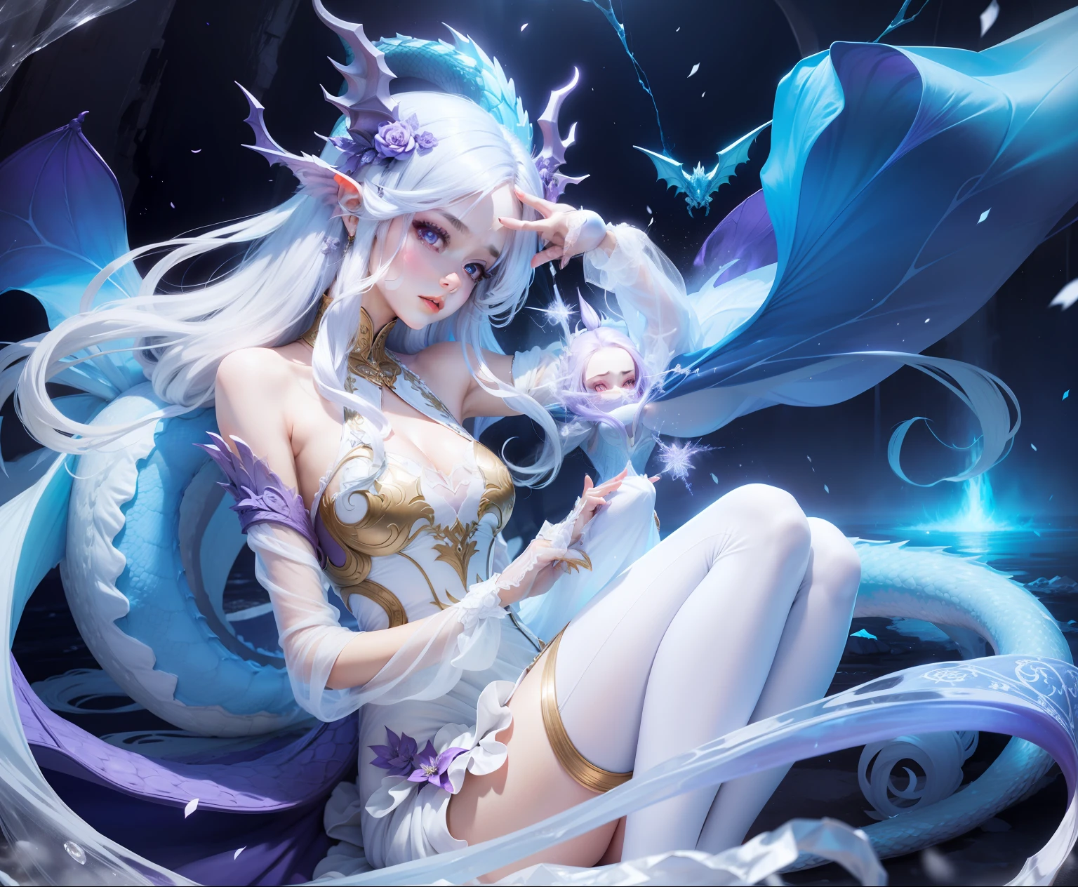 exposing her chest，Transparent wedding dress，high and cold，Purple pupils，Dragon girl