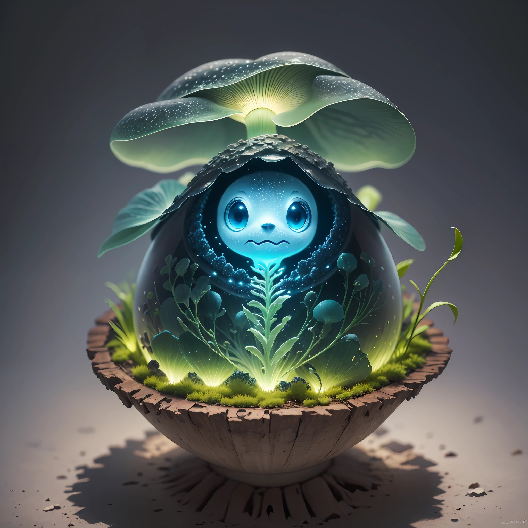 Generate images of creatures with humanoid body structures, But mainly composed of fungal elements. Its head resembles a big head, Dome-shaped crystal spring flower mushroom cap, fanciful, Colorful, Decorated with a luminous speckled pattern. Its arms are long, Flexible tendrils sprout from the shoulders, Able to be as vertical as a human hand. And not legs, It has a single, Thick, The stem is rooted in the ground. Its face is a small cluster, Bioluminescent spheres embedded in the bottom of the lid, Arranged in a way reminiscent of human facial features. photo-realism, ultra - detailed, 4K, A high resolution