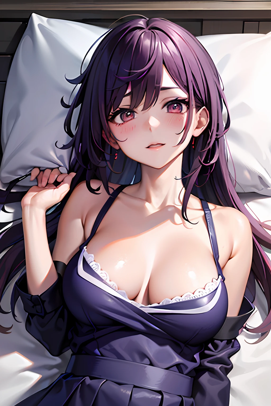 best qualityer，tmasterpiece，s the perfect face，schoolgirls，Lie down in bed，Clothing that exposes，Damaged underwear，Blushing face，Bigchest，
