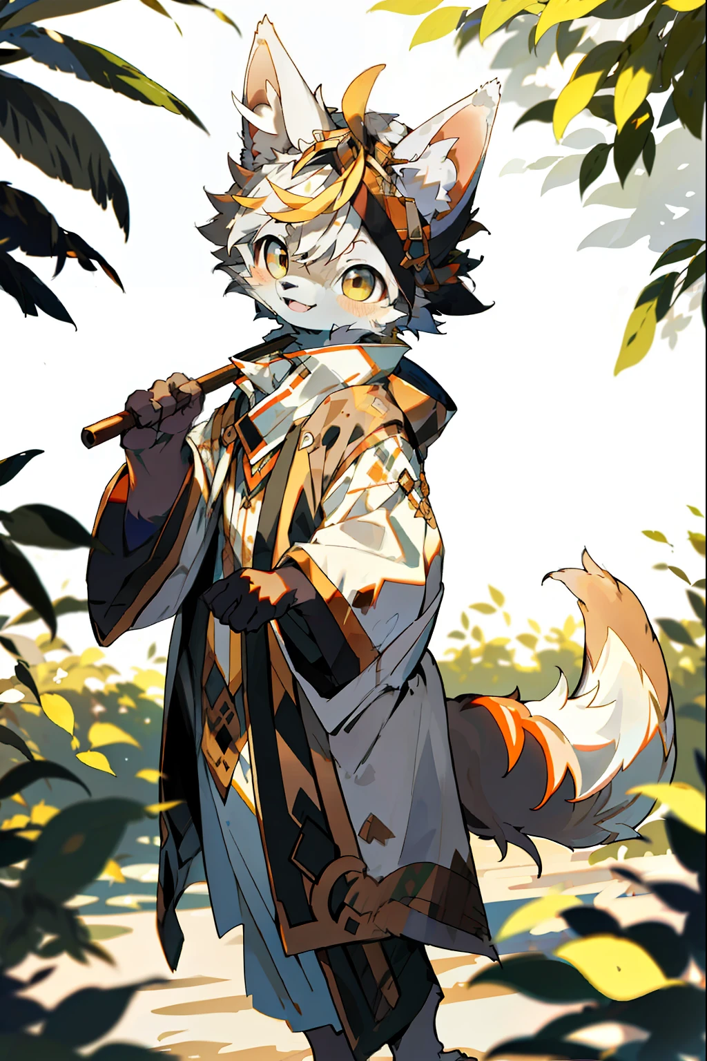 depth of fields，lighting perfect，light particules，（best qualtiy），（tmasterpiece），（ultra - detailed），Sharp focus，light particules，niji，Eyes，gold_Eyes，Looking_at_peeping at the viewer，Smile，Solo，Furry，Animal_Ear_vellus hair，Open_clothes，in a sunbeam，outside，Look ahead，White hair，Brown skin，Barefoot，Huskies，Dogs