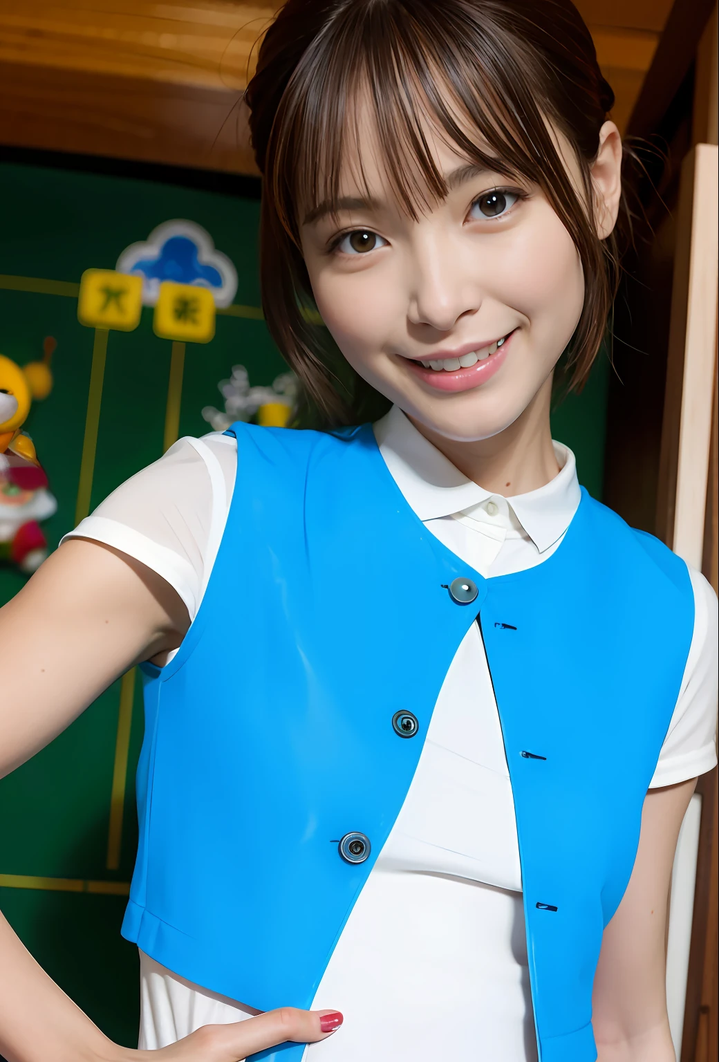 (((medium hair))), best quality, 8K, HDR, highres, absurdres:1.2, blurry background, bokeh:1.2, Photography, (RAW photo:1.2), (photorealistic:1.4), (masterpiece:1.3), (intricate details:1.2), 1girl, solo, japanese girl, delicate, beautiful detailed, (detailed eyes), (detailed facial features), petite, (((small breasts))), skin tight, (looking_at_viewer), from_front, (skinny), (best quality:1.4), (ultra highres:1.2), cinema light, (extreme detailed illustration), (lipgloss, best quality, ultra highres, depth of field, caustics, Broad lighting, natural shading, 85mm, f/1.4, ISO 200, 1/160s:0.75),1girl, solo, (((blue vest))) smile, school uniform, necklace,