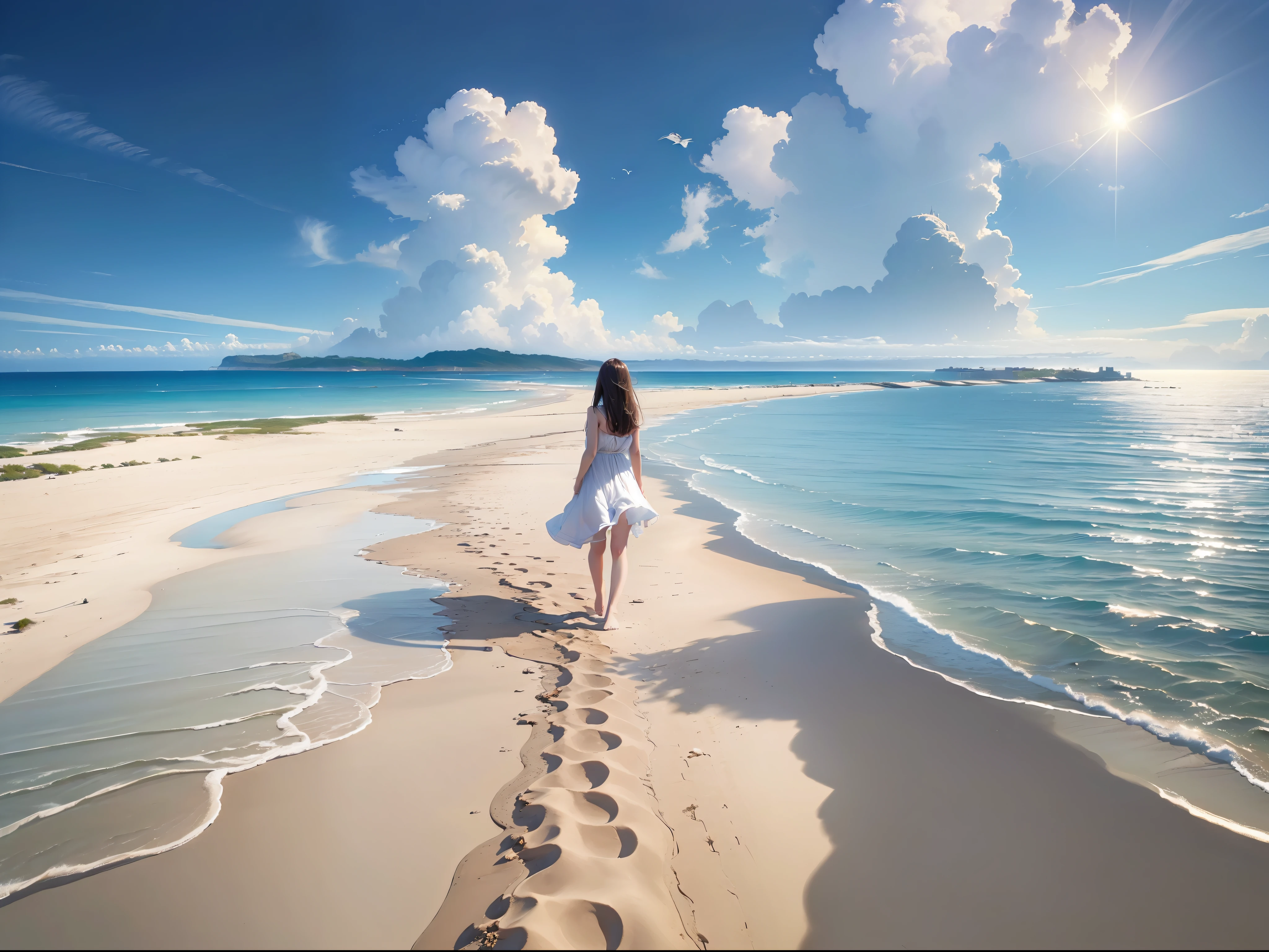 (((Surreal)))、(((hight resolution)))、(in 8K)、 (((ighly detailed)))、(top-quality、​masterpiece:1.3)、((sharpnes))、ciinematic light、Full view、the beach、White sandy beach、Girl Walking On The Beach、Distant horizon、Distant waves、Into the cloud、Bright sun、The sun rises high、Mid summer、From a bird's-eye view