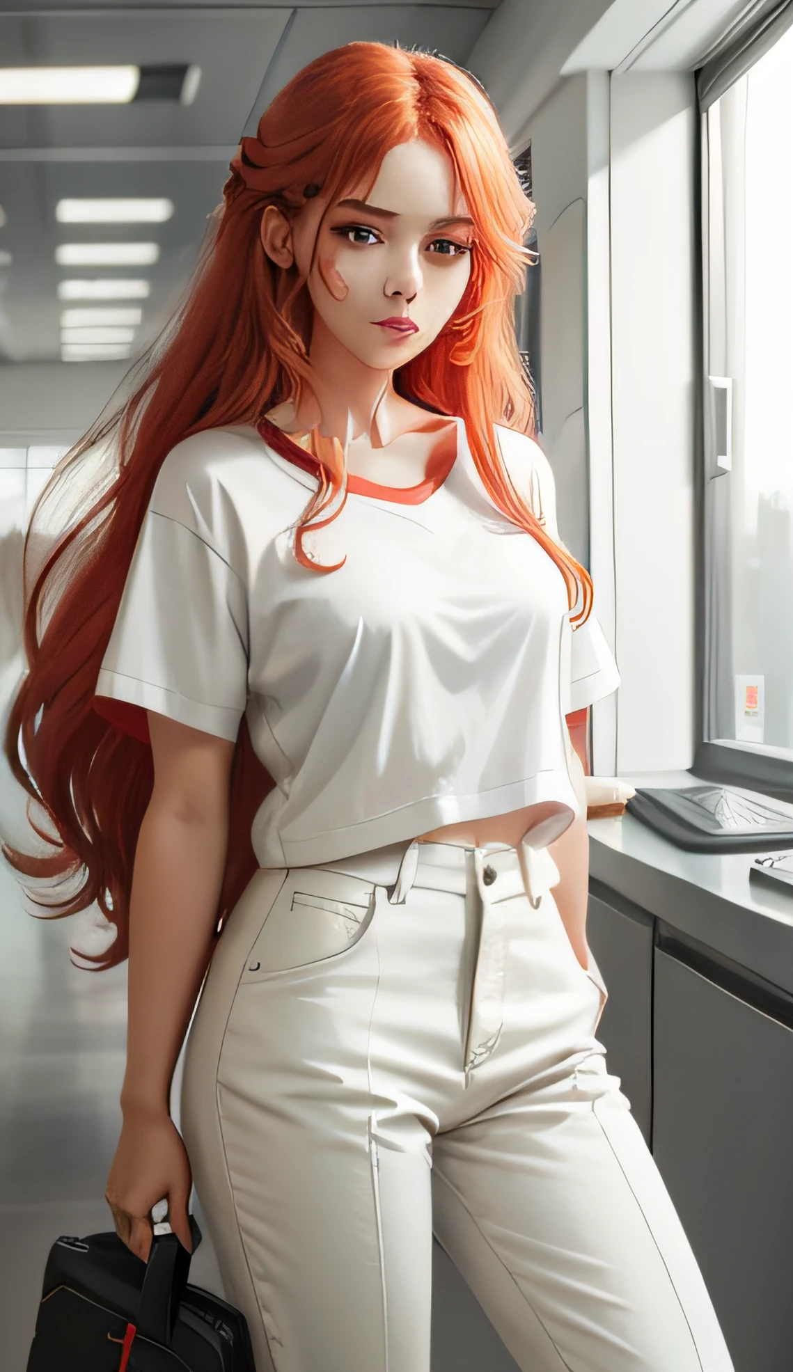 a woman in a white shirt and red pants is playing video game, simple style, wearing elegant casual clothes, muted red, simple clothes, milk and red style, casual clothing style, modern fashion outfit, wearing a fisher , casual modern clothing, inspo, red clothes, red pants, neutral tones, rred and white color scheme, casual business outfit, scary face, nike shoes, 22 years old, adult face, long hair, ((red hair))