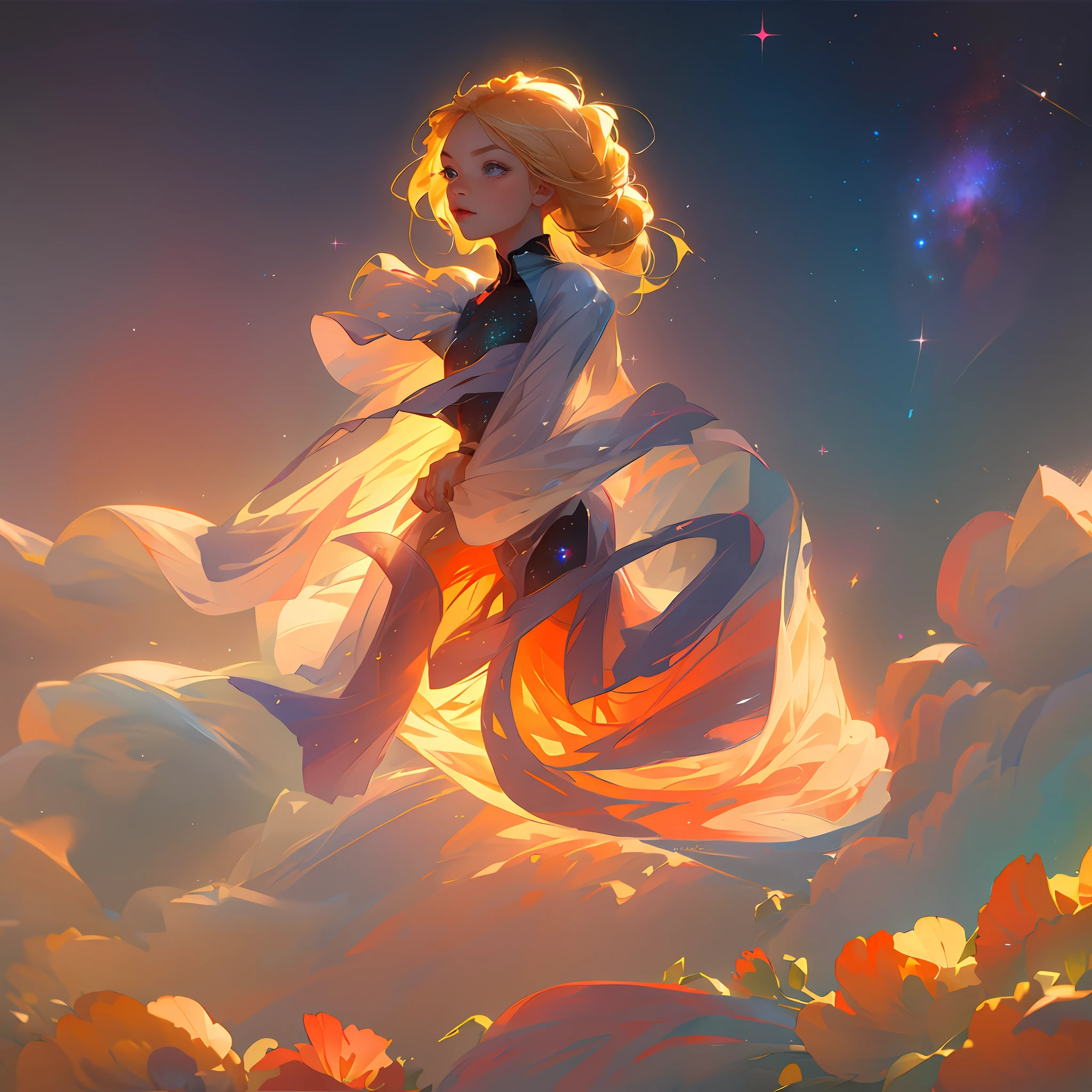(best quality, masterpiece), 1girl, pose, particle, wind, flower, upper body, simple background, looking at viewer, blonde, galaxy,