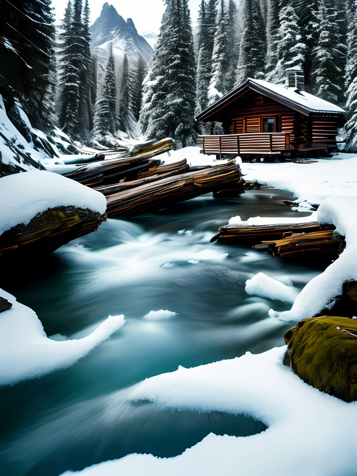 ChromaV5, nvinkpunk, Masterpiece, Best quality, High quality, Extremely detailed realistic 8K wallpaper,landscape with texture ,Landscape photos of the Alps, Austria, award winning photography, full bloom, Photorealistic, Extremely detailed, trending on artstationh, trending on CGSociety, Intricate, High detail, Dramatic, carpathian mountains, ((Blizzard)), ((Snowy)), log cabin, campfires