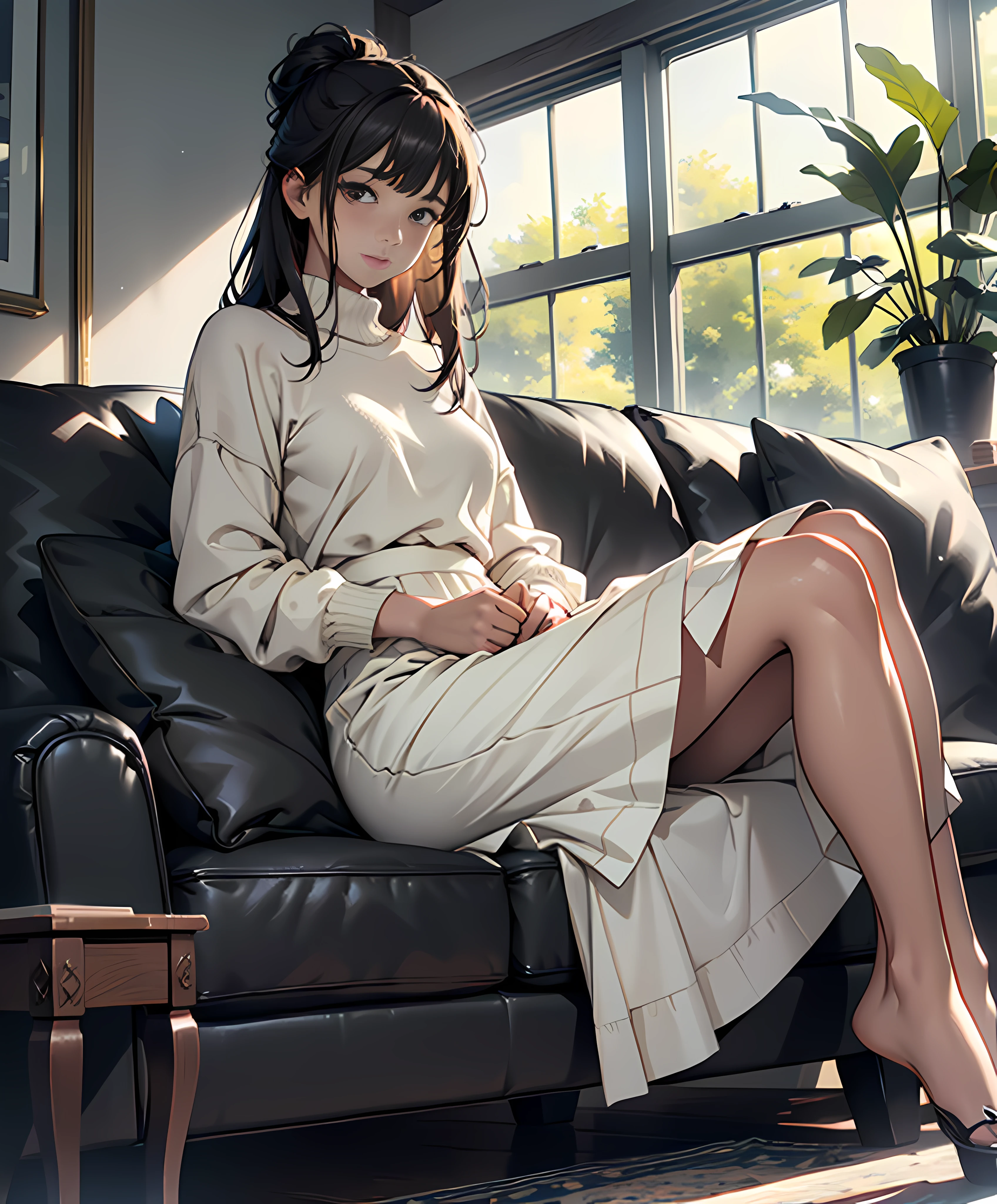 (absurderes、hight resolution、ultra-detailliert)、(the Extremely Detailed CG Unity 8K Wallpapers、Beautifully Aesthetic:1.2)、(1girl in:1.3)、Lady、独奏、The upper part of the body、rcasual、It features a simple、Natural Fabric、Sit up、knit、Lace Long Skirt、white shirt、Brownish、If you have a photo、Hold in hand、Plain clothe、a room、sit on sofa、Mystical lighting、Ethereal Atmosphere、dressed casually, Sweaters, tortoise、closed clothes、natural soft light、darker shadows、Living Loo、Long skirt、