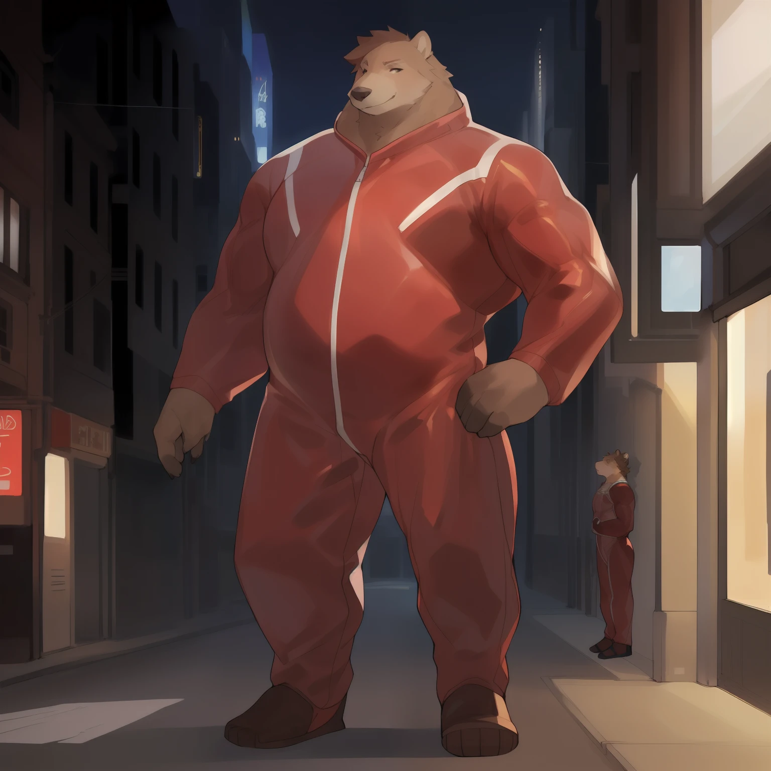 Solo, male, standing, by bebebebebe, (((muscular, giant, massive, huge, enormous, massive))), slightly chubby, ((hair, snout)), grizzly bear, street, long legs, red spacesuit, ((interesting unique spacesuit design))