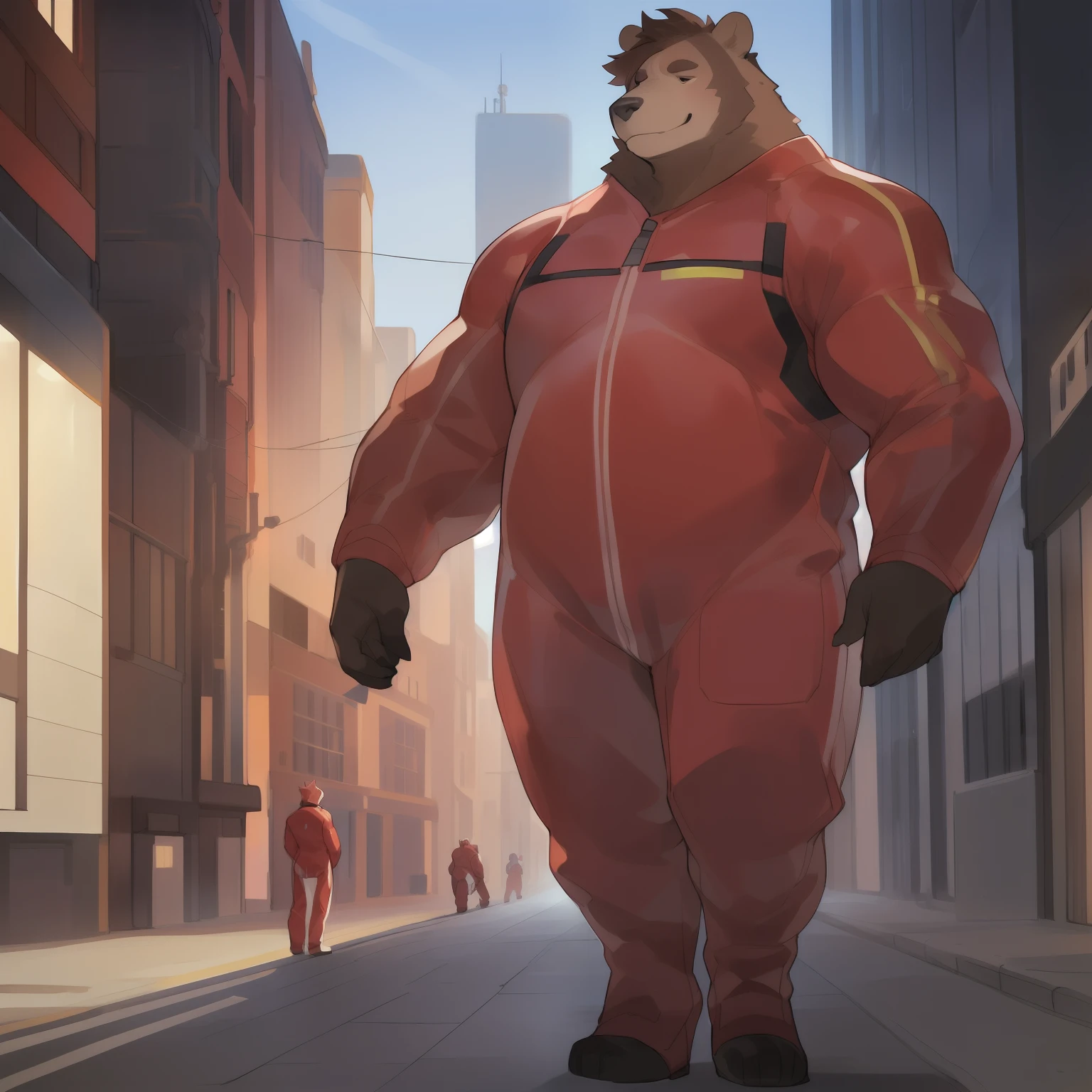 Solo, male, standing, by bebebebebe, (((muscular, giant, massive, huge, enormous, massive))), slightly chubby, ((hair, snout)), grizzly bear, street, long legs, red spacesuit, ((interesting unique spacesuit design))