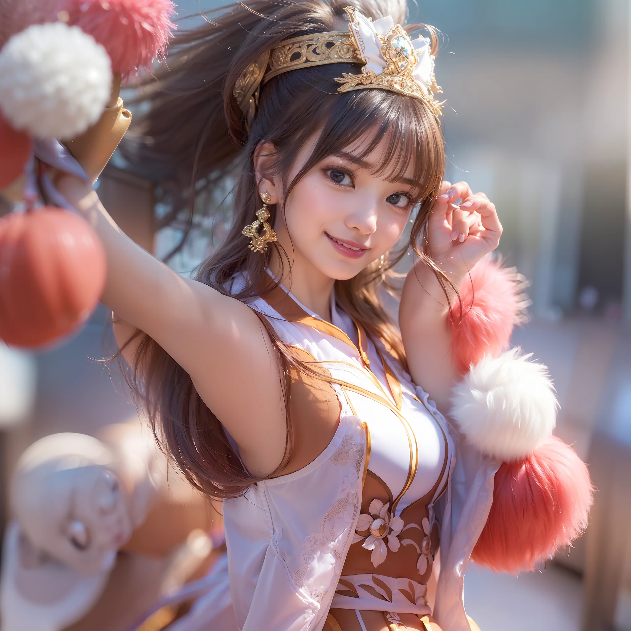 ((Alafed Asians pose dynamically with pom-poms in stadium:Raise one leg、((very large breast:1.2))、cheer leading:Raise one leg、Shooting from thigh to head,Solo Pose:there is nobody else、a closeup、cosplay foto、Realistic shooting, top-quality, hight resolution, (masterpiece), (Photorealsitic:1.4), professional photograpy, foco nítido, nffsw, 8K, intricate detailes, depth of fields, Highly detailed CG Unity 8K wallpaper, front lit,beautiful supermodel, A smile、A slender、Small Cheer Uniform、