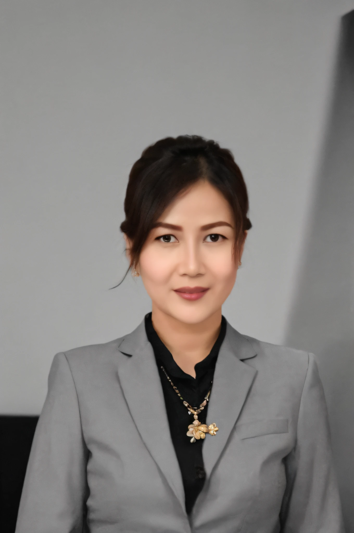 rosita lasari, arafed moslem indonesian woman in a gray suit posing for a picture, wearing moslem business suit, moslem woman in business suit, wearing a moslem business suit, girl in suit, well lit professional photo, professional closeup photo, wearing black business suit, female in office dress, girl in a suit, close-up professional portrait, indonesian woman, an asian woman, wearing a strict business suit. (makeup:0.3), full body shot:1.3,bokeh:1.2, indoors, smooth skin, necklace, black_hair, realistic_detailed_skin_texture, good hands, good feet, (8k, RAW photo, best quality, masterpiece:1.2), (realistic, photo-realistic:1.37), ultra high res, photon mapping, radiosity, ((Hasselblad photography)),physically-based rendering, professional soft lighting, light on face, realistic image, realistic picture, detail expression,