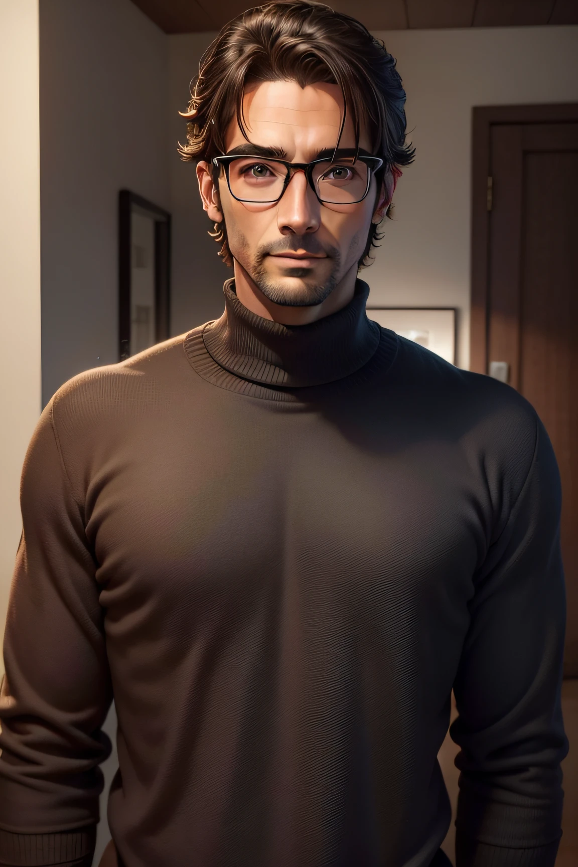 adulto masculino, 35 anos, olhos castanhos escuros, With eye Glasses, fino, without muscles, cabelos pretos, com sueter vermelho, looking in front of the camera, Realistic photo
