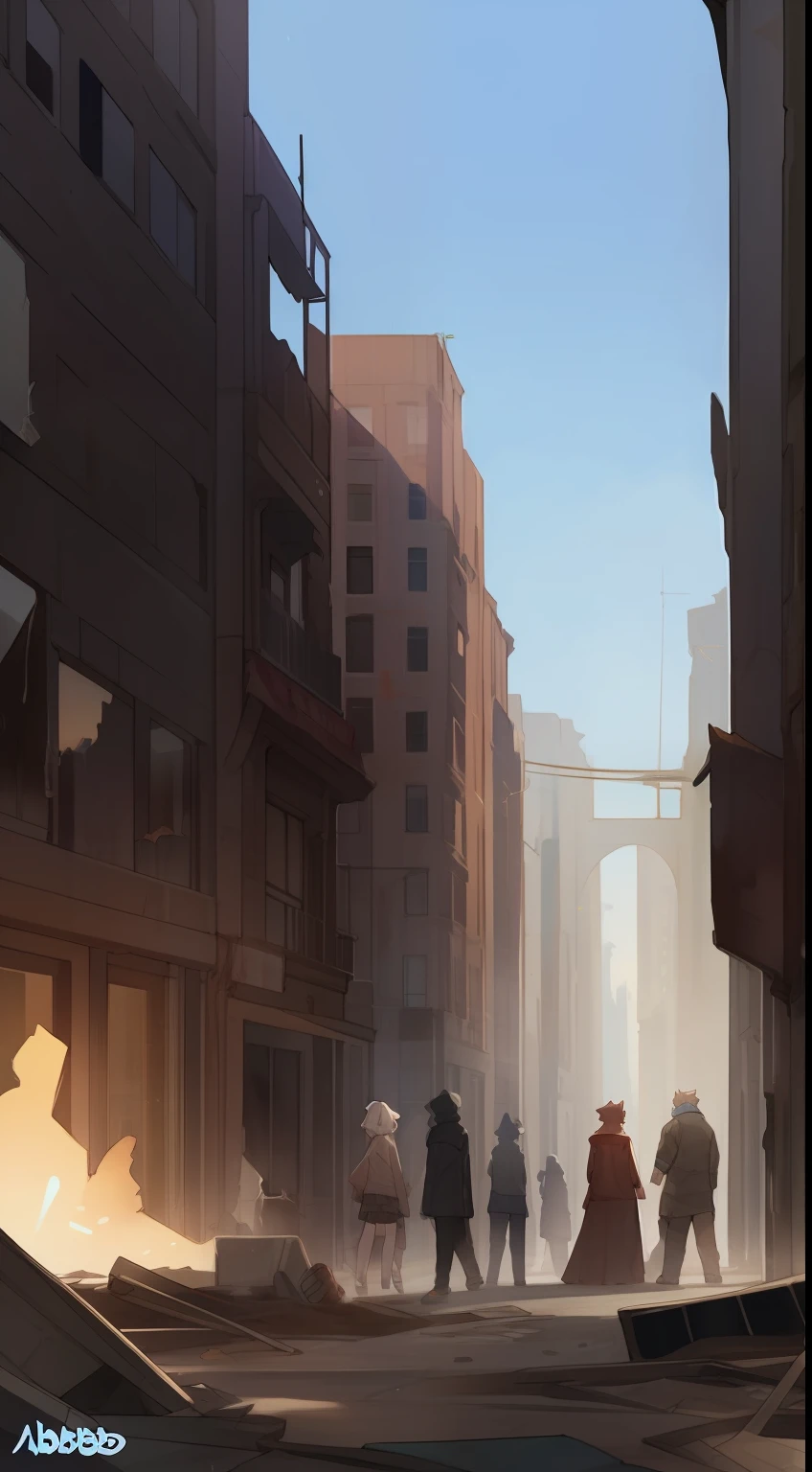 (((By bebebebebe))), group photo of a diverse cast of characters standing in a line in a destroyed city, hair, snout, male, female,