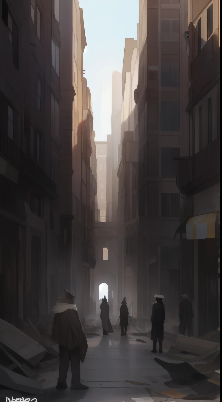 (((By bebebebebe))), group photo of a diverse cast of characters standing in a line in a destroyed city, hair, snout, male, female,