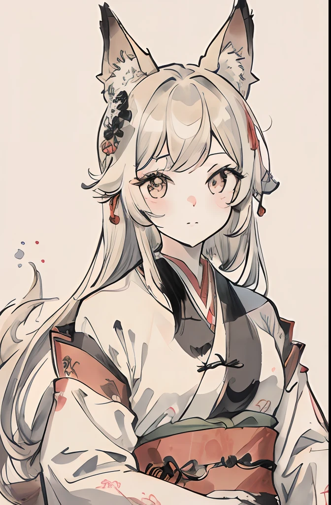 masterpiece, best quality, Chinese traditional ink painting, shuimobysim, shukezouma, girl in Hanfu, girl with fox ears