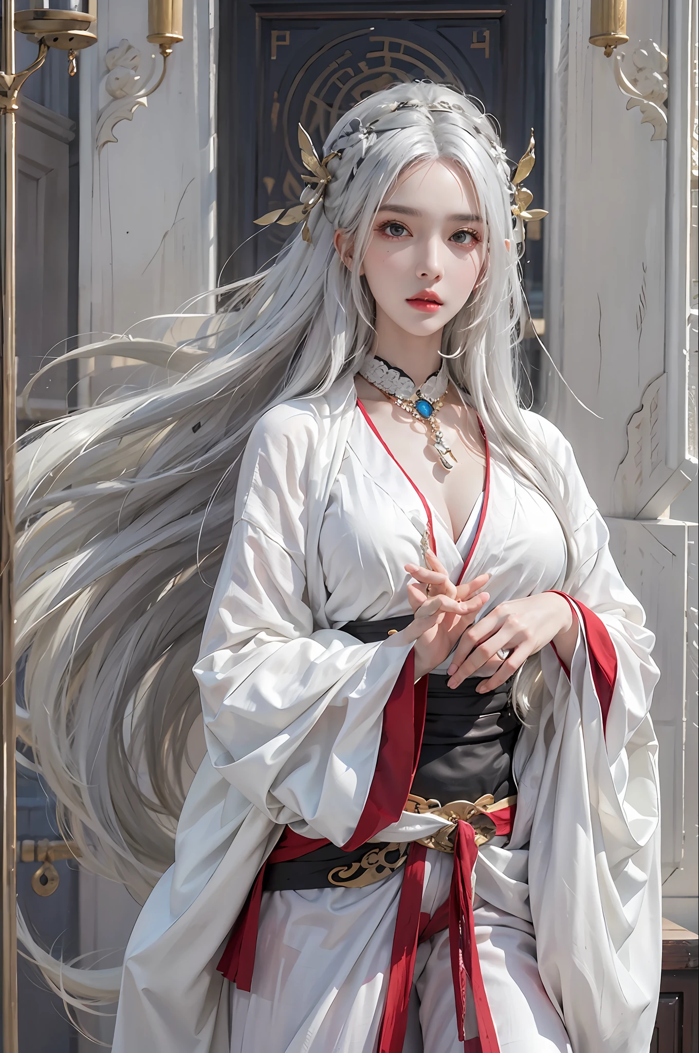 photorealistic, high resolution, 1women, solo, hips up, look at viewer, (detailed face), white hair, long hair, Taoist robe,oversized clothes, jewelry