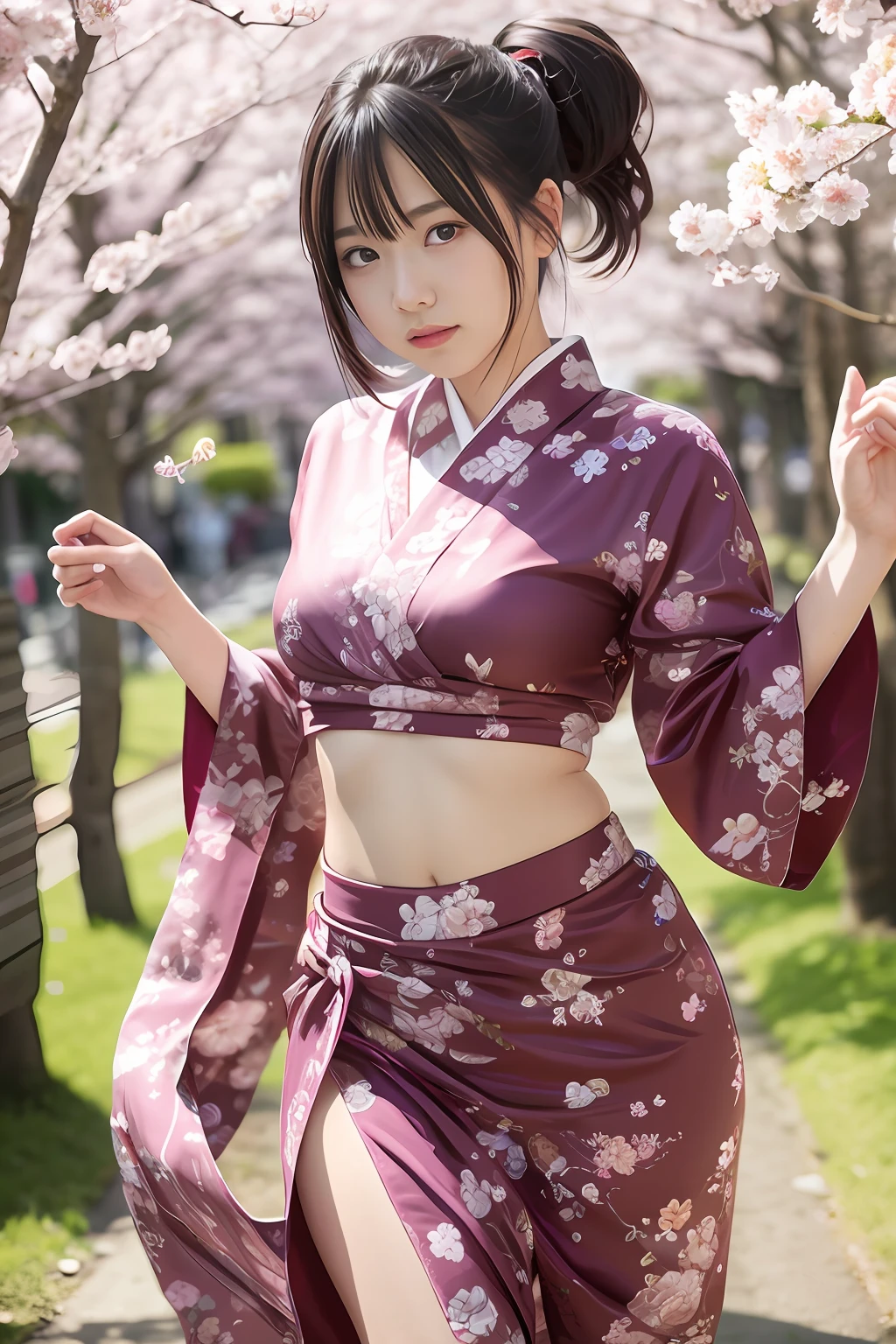 Looking at the camera in front,Add a motion blur effect to simulate motion,hight resolution,Girls Elegant Kimono,Floral kimono on shiny green fabric,Ponytail,Brown Shorthair,flying hair,extremely delicate and beautiful face,Cherry Blossom Hair Ornament,Dance a fierce Japan dance outdoors in the moonlight,Under the cherry blossoms with fluttering petals,Spread your arms、Place one hand in front of you,Beautiful hands,Beautiful Finger,Full body shot,