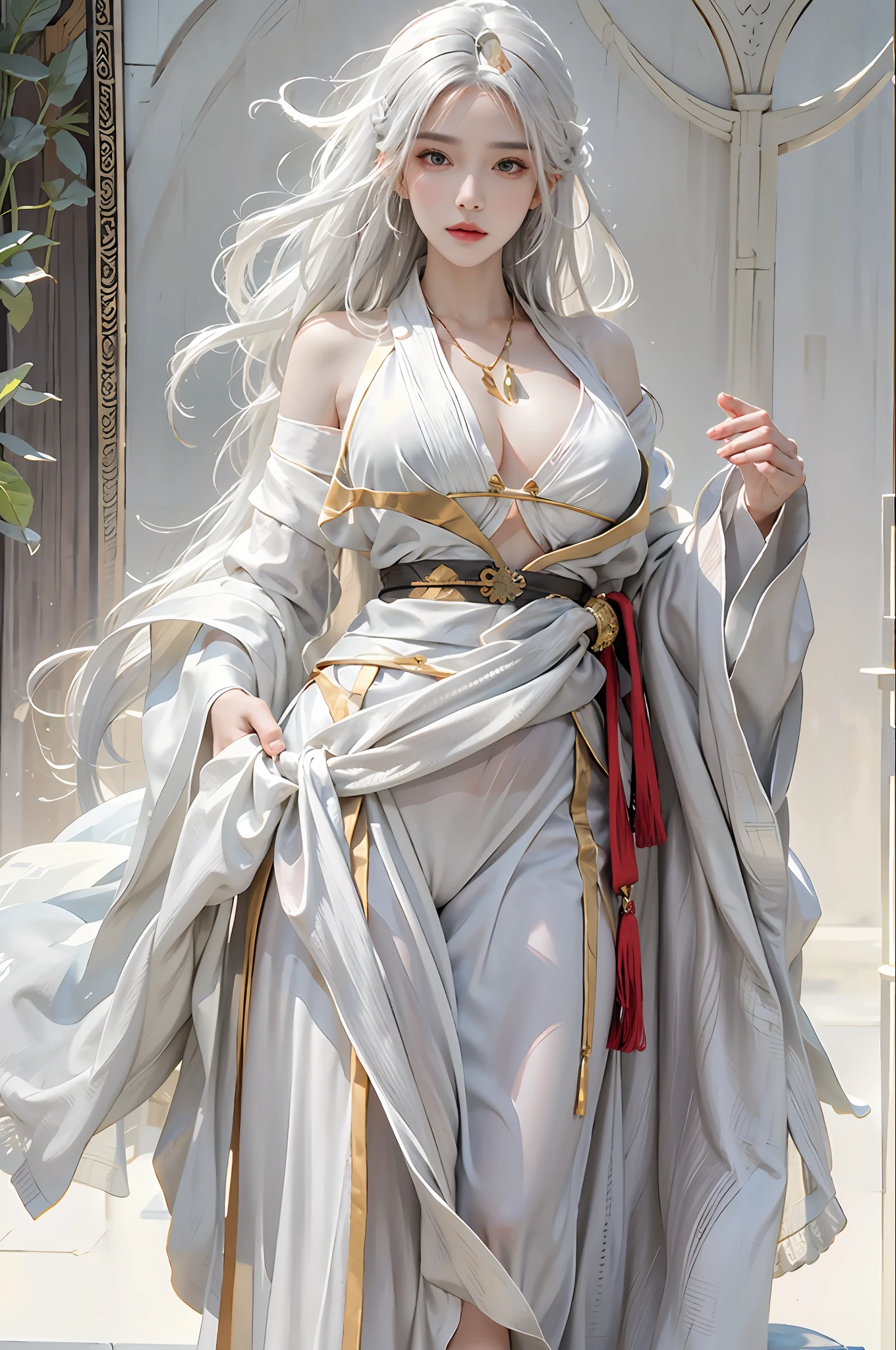 photorealistic, high resolution, 1women, solo, ???? up, look at viewer, (detailed face), white hair, long hair, Taoist robe,oversized clothes, jewelry