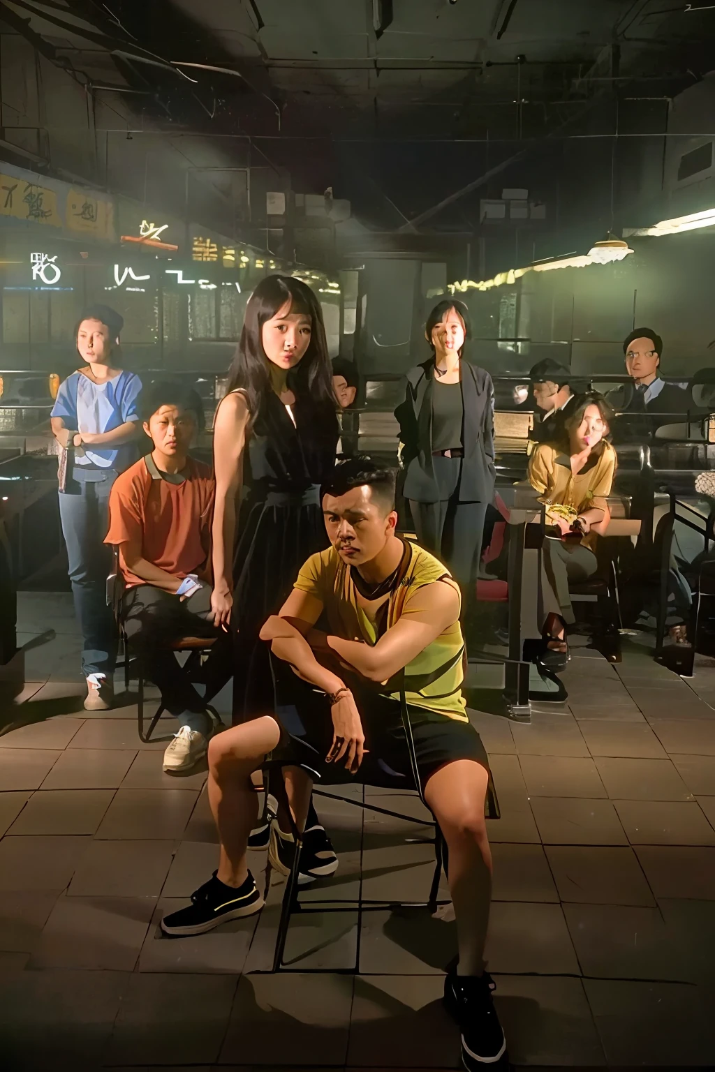 There were many people sitting together in the darkness in a room, film promotional image, 8 k movie still, nostalgic 8k, Still from the movie, in style of kar wai wong, 8 0 s asian neon movie still, movie still 8 k, still from live action movie, cinematic Film still from, promotional movie still, a24, portrait shooting