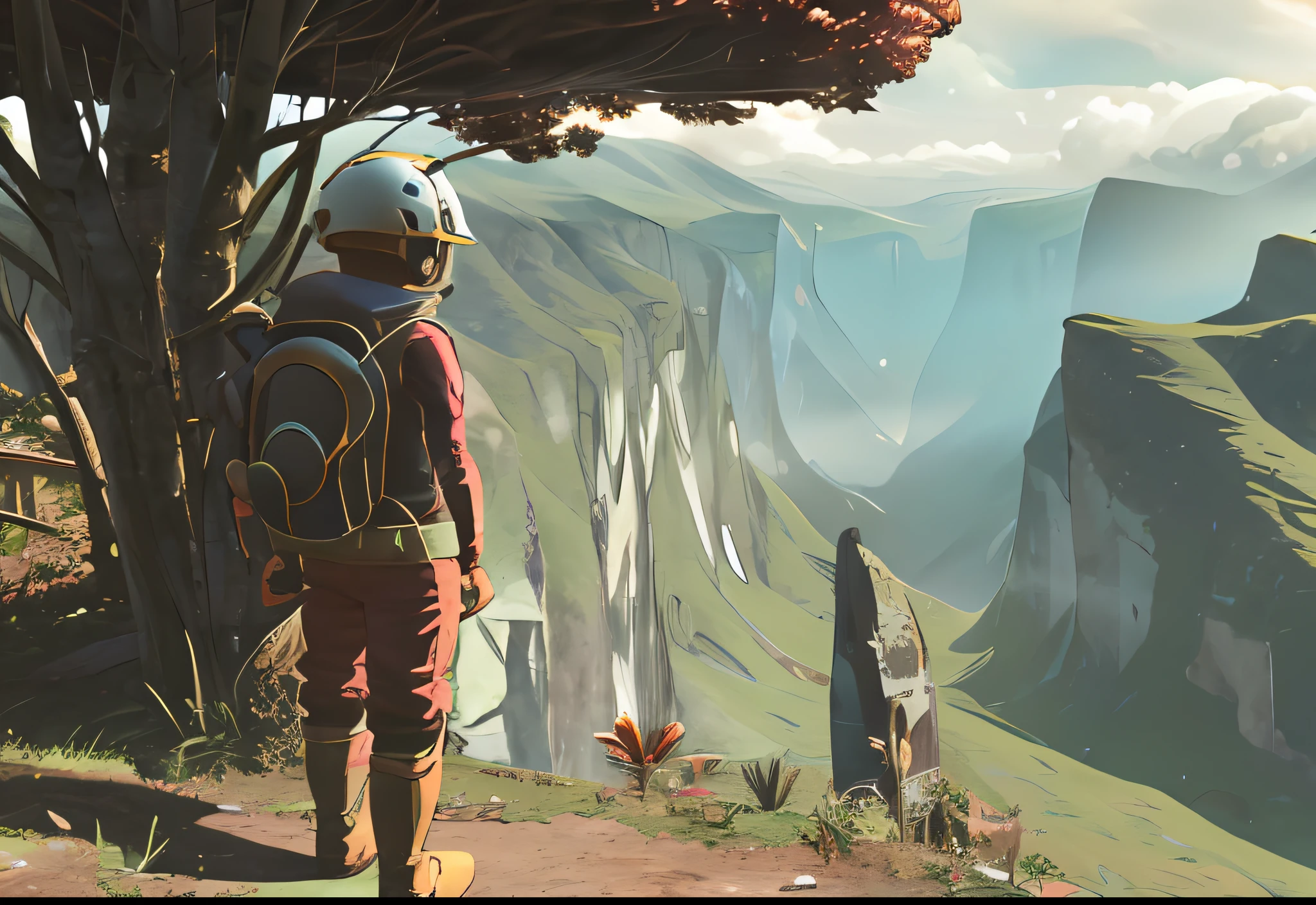 ((Highly detailed, the Extremely Detailed CG Unity 8K Wallpapers, Illustration, hight resolution, absurderes)), ((masutepiece)),
Nomansky, Planetary Landscape, 1other, ambiguous gender, mushroom, Scenery, from behind, Outdoors, gloves, 1boy, Rock, Standing, Wide Shot, skyporn, Solo, tree, Holding, long boots, helmets, skydiving