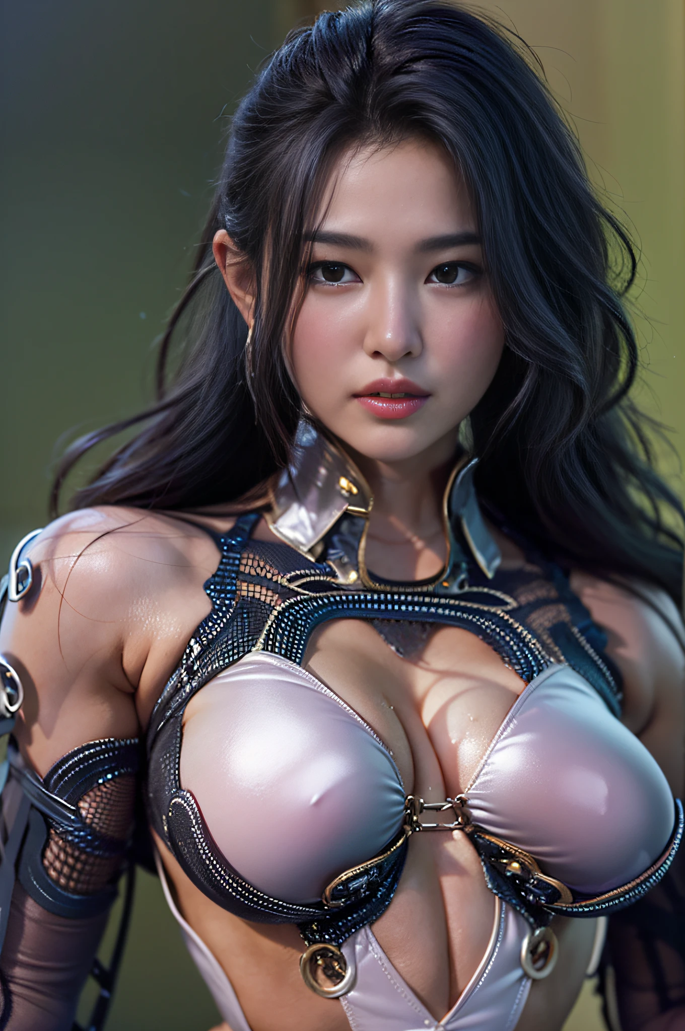 ultra realistic 8k cg、(Future:、erfect artwork、​masterpiece、futuristic cities、futuristic era、mechanic、Fantasia)、((细致背景)) Sexy 20 year old female muscular cyborg rookie model、stunningly beautiful、beautiful countenance、A detailed face、sitting on、is looking at the camera、long wavy shiny black hair、50mm Portrait、Glamour、soft curves、Huge butt wide hips、Full wet lip、cybernetic perfect body、Perfect Abs、3D、ultla realistic、San、Shoulders, navel and thighs are raw、