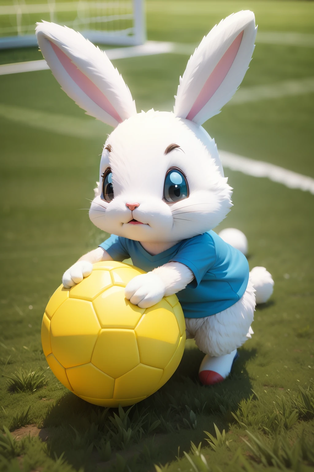 Cute 3D cartoon head big bunny playing soccer on soccer field