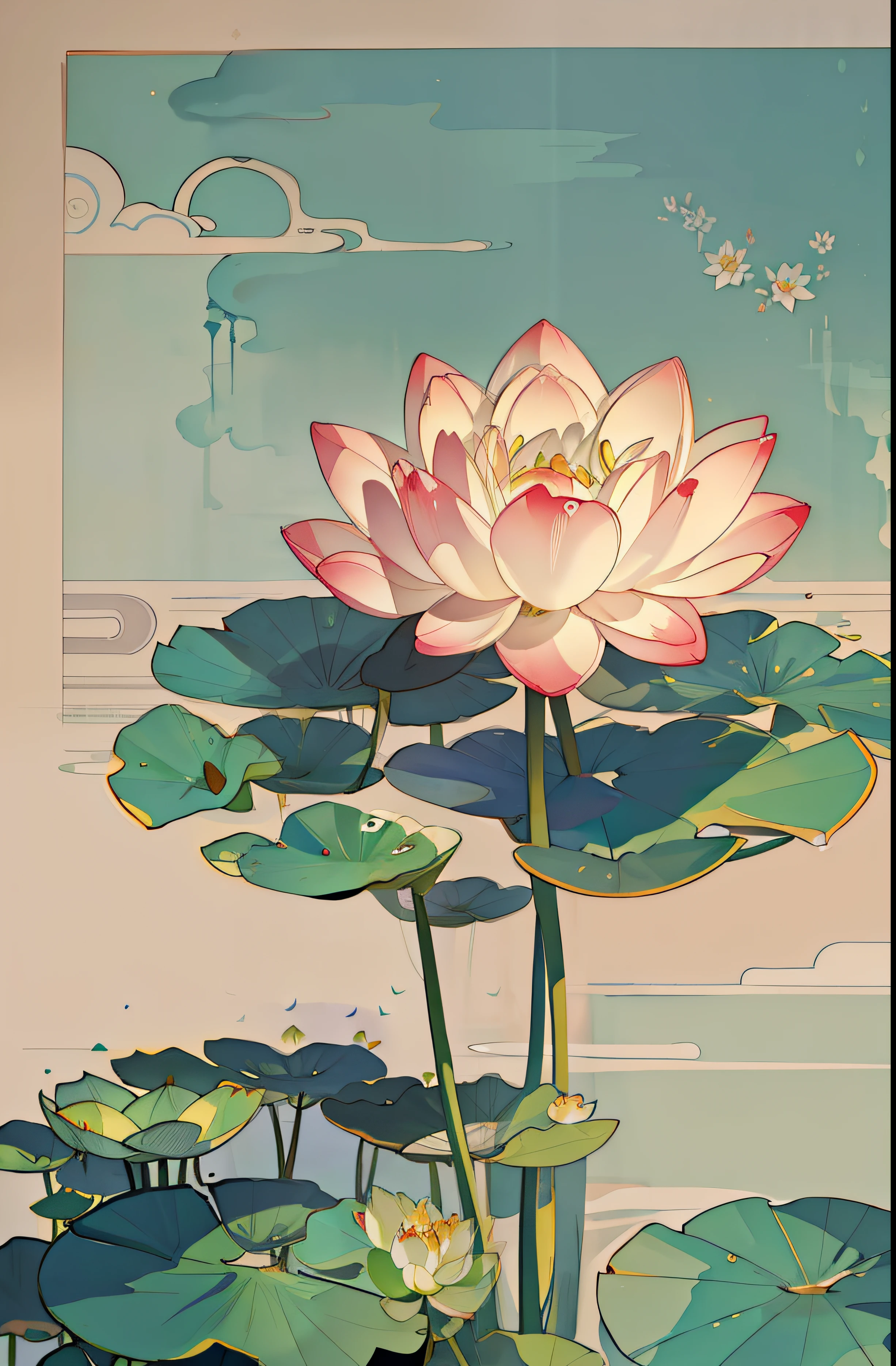 Big lotus leaves, lotus flowers, ink painting style, clean colors, ink style, smudging, decisive cutting, white space, freehand, masterpiece, super detailed, epic composition, high quality, highest quality, lotus fairy, ancient style, Dunhuang flying sky