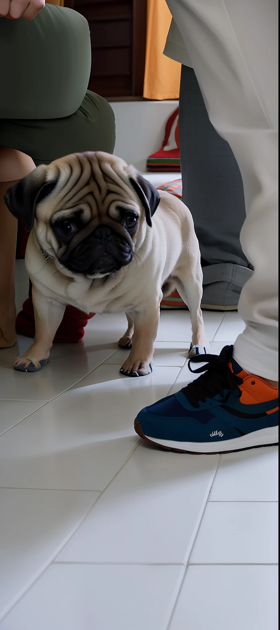 There's a Pug dog standing on a white tiled floor, segurando um Pug para uma foto, altamente elegante, cara de Pug, by Amelia Peláez, Pug, focus on his foot, olhando heckin legal e elegante, Directed by: Nandor Soldier, wearing white sneakers, Directed by: Maksimilijan Vanka, Directed by: Bernie D'Andrea