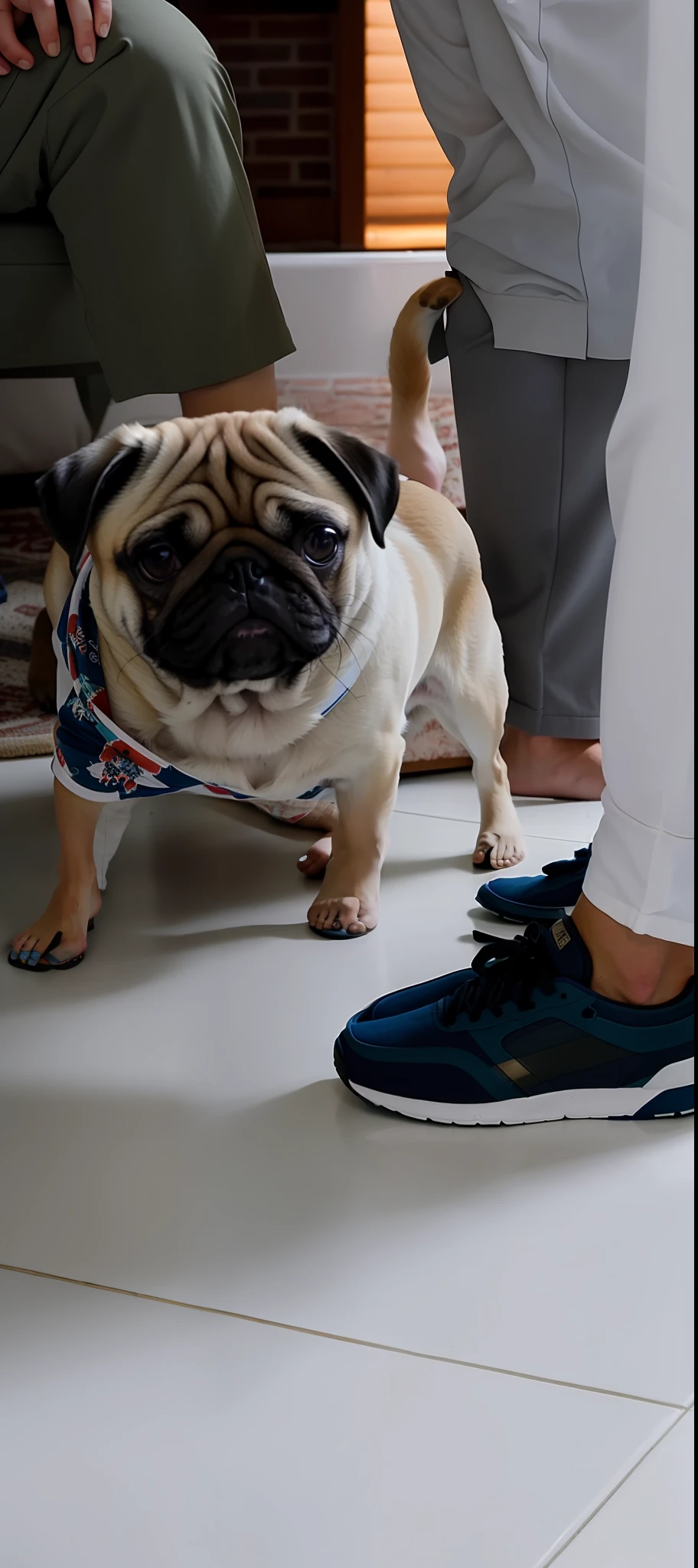 There's a Pug dog standing on a white tiled floor, segurando um Pug para uma foto, altamente elegante, cara de Pug, by Amelia Peláez, Pug, focus on his foot, olhando heckin legal e elegante, Directed by: Nandor Soldier, wearing white sneakers, Directed by: Maksimilijan Vanka, Directed by: Bernie D'Andrea