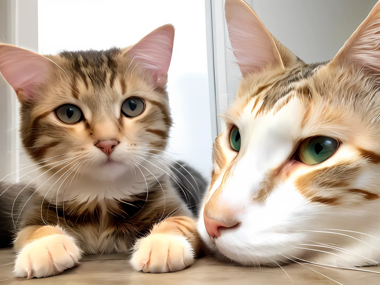 Kizi，Two tabby cats，a white cat