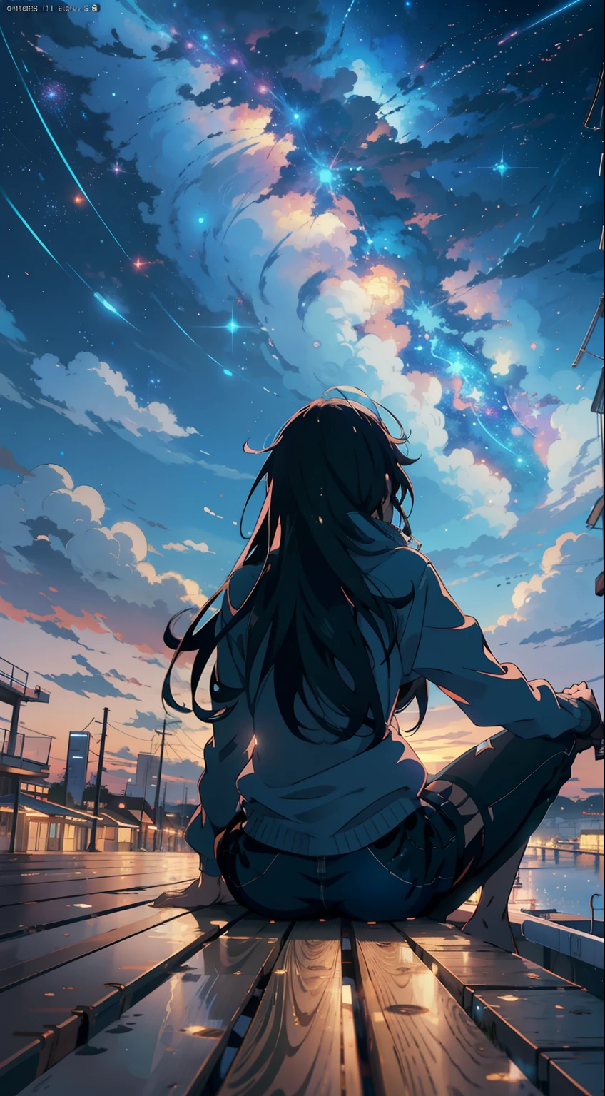 Anime girl sitting on a dock looking out over town at night, Makoto Shinkai Cirilo Rolando, Anime Art Wallpaper 4K, Anime Art Wallpaper 4K, Anime Art Wallpaper 8K, cosmic skies. por makoto shinkai, Papel de parede anime 4k, 4k anime wallpapers, Anime Wallpaper 4k, girl looks at the space, estilo anime 4K