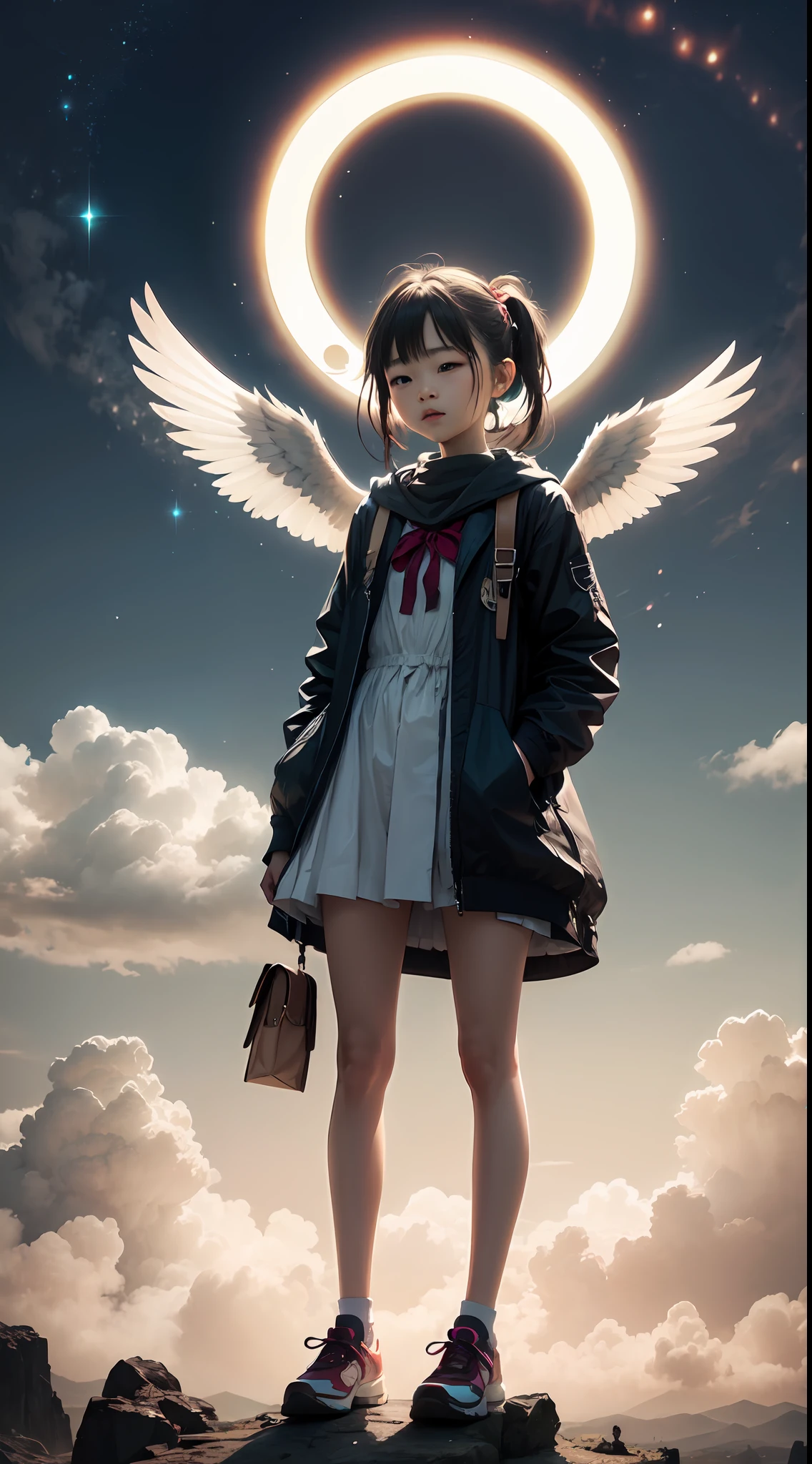 shine、angelicales、femele、 student、(high-level image quality)、1 persons、cute little、Light from the sky、