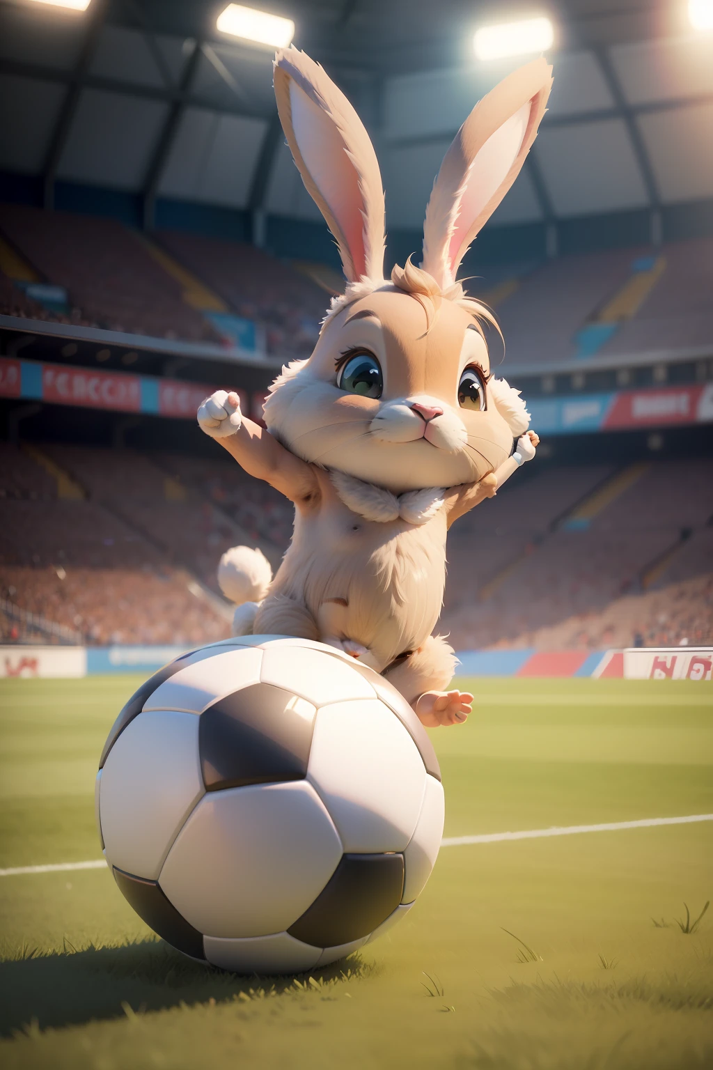 Cute big 3D cartoon rabbit playing soccer on soccer field