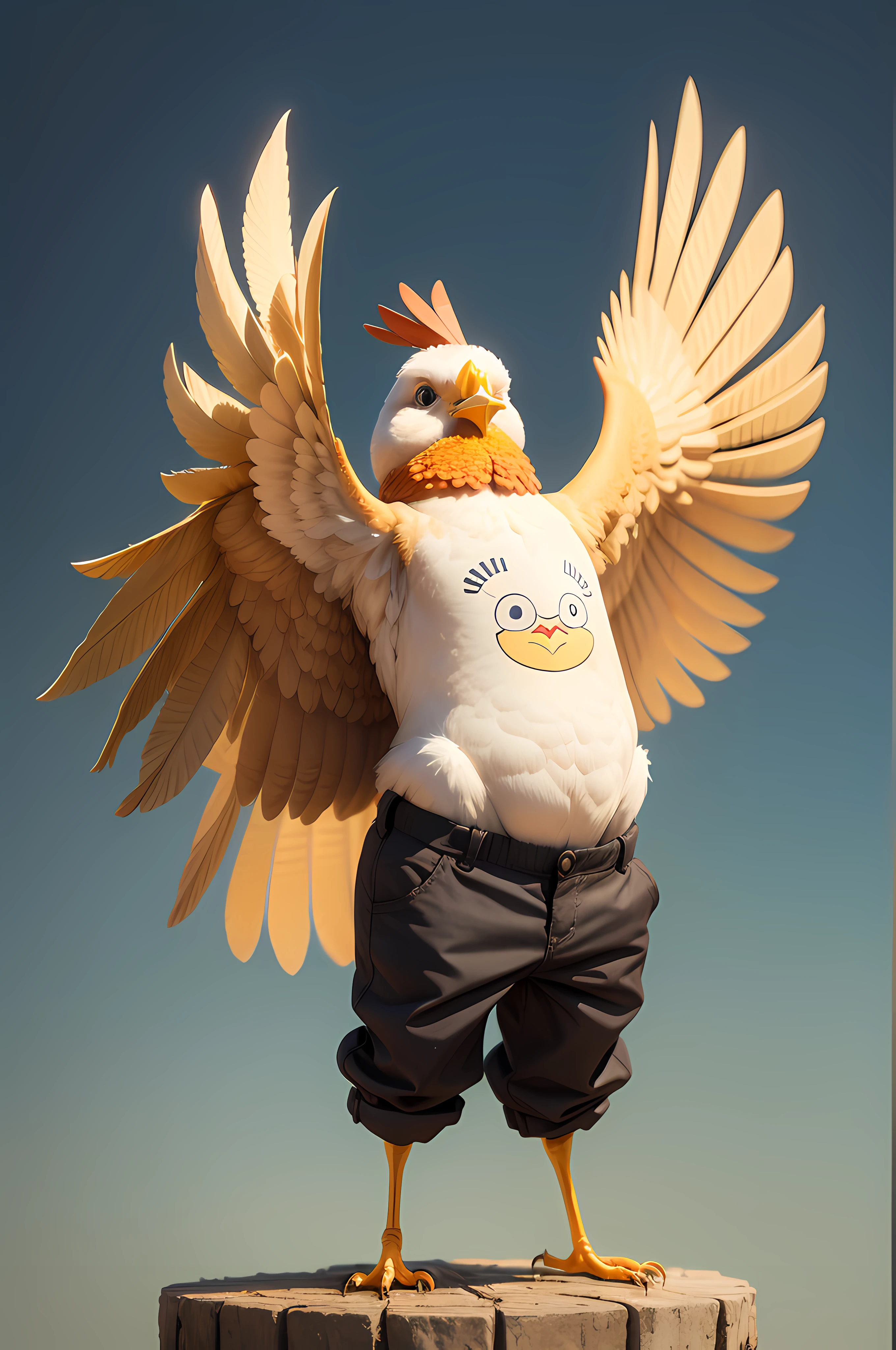 chick Arafed standing on his hind legs with his arms open, anthropomorphized calçudo chick, com pintinhos, 2 arms and 2 legs inside a pair of pants!, pintos, Birb, his arms spread. pronto para voar, hybrid of a cat and a chicken, with arms up, standing triumphant and proud, frango, anthropomorphic bird, look like someone is dancing, em cima de um ovo