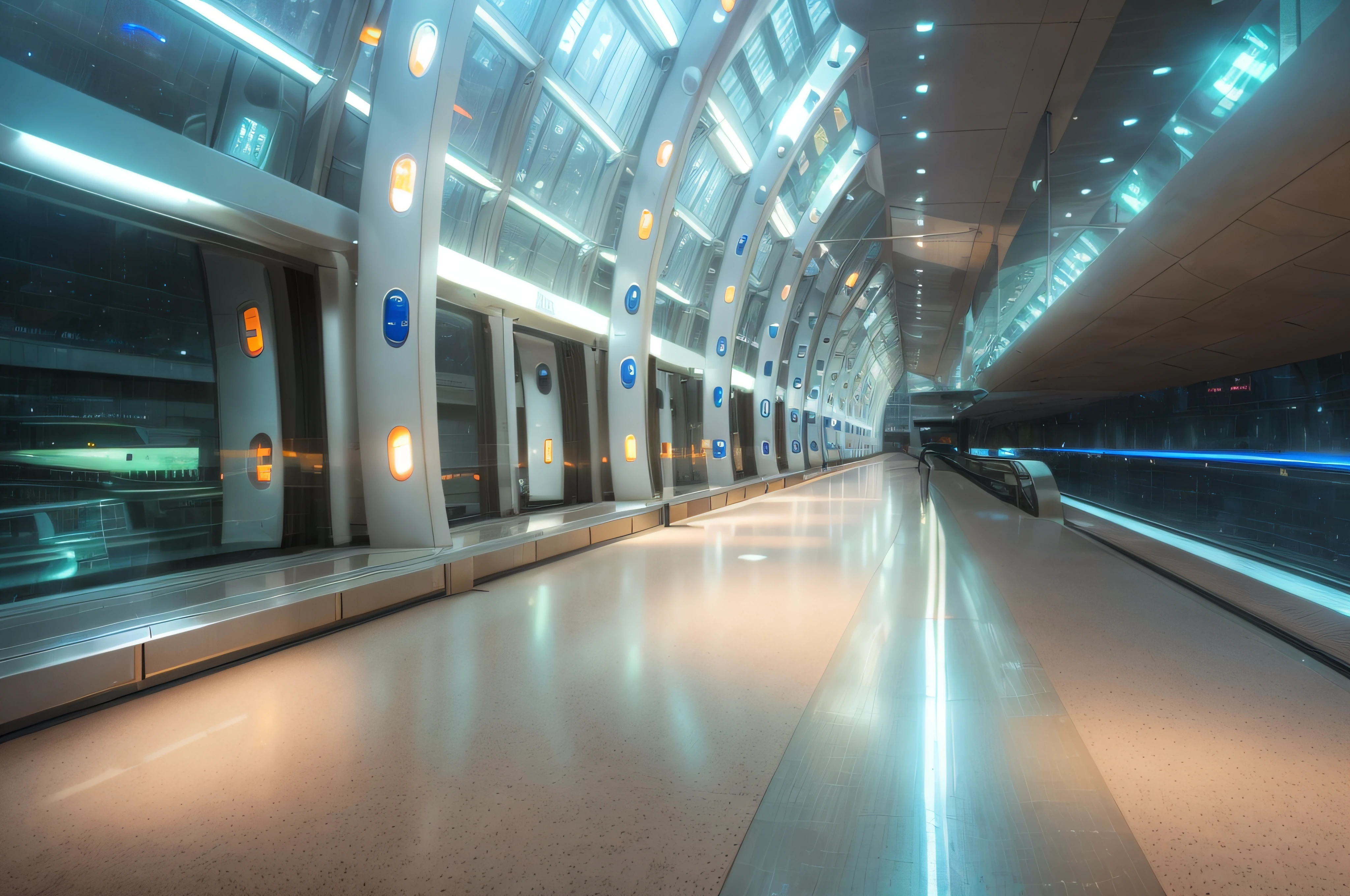 There is a long sidewalk where trains come down, Spaceship corridor, Futuristic Halls, curved hallways, Endless corridors, Liminal Space Corridor, Rows of windows illuminated inside, Haunted spaceship corridor, monorail station, elegant walkways between towers, Spaceship corridor background, Underground facilities, indoor liminal space, futuristic cyber subway station, Long corridor, Walkway