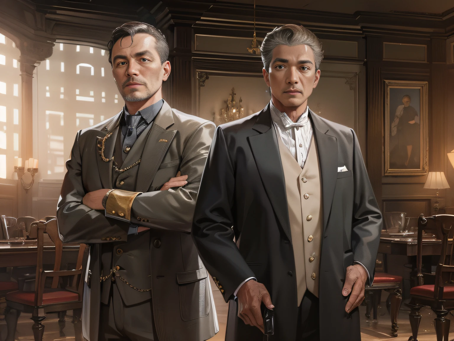 A 50-year-old middle-aged man with short black hair and a 55-year-old middle-aged man with short brown hair and a silver Tang suit stand side by side，The upper body is displayed frontally，dining room，grand master，tmasterpiece，8k wallpaper，CG，Ultra-high image quality，light and shadow effect